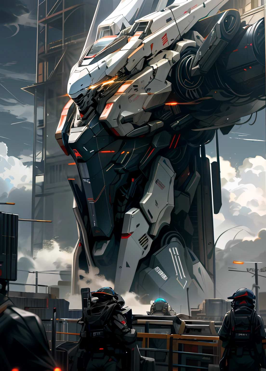 Skysky,clouds,Holding_arma,No_Humanity,with light glowing,,droid,buliding,,火焰,Glowing_Eyes,Mecha,scientific fiction,城市,Realistis,Mecha
