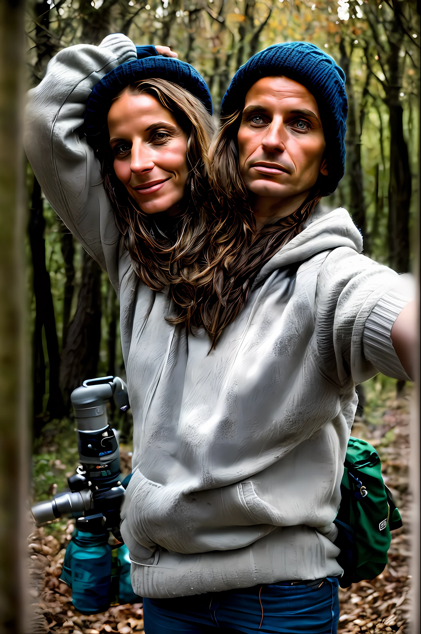 2heads,1 woman((upper body selfie, happy)), masterpiece, best quality, ultra-detailed, solo, outdoors, (night), mountains, nature, (stars, moon) cheerful, happy, backpack, sleeping bag, camping stove, water bottle, mountain boots, gloves, sweater, hat, flashlight, forest, rocks, river, wood, smoke, shadows, contrast, clear sky, analog style (look at viewer:1.2) (skin texture) (film grain:1.3), (warm hue, warm tone)
:1.2), close up, cinematic light, sidelighting, ultra high res, best shadow, RAW, upper body, old man, wearing pullover