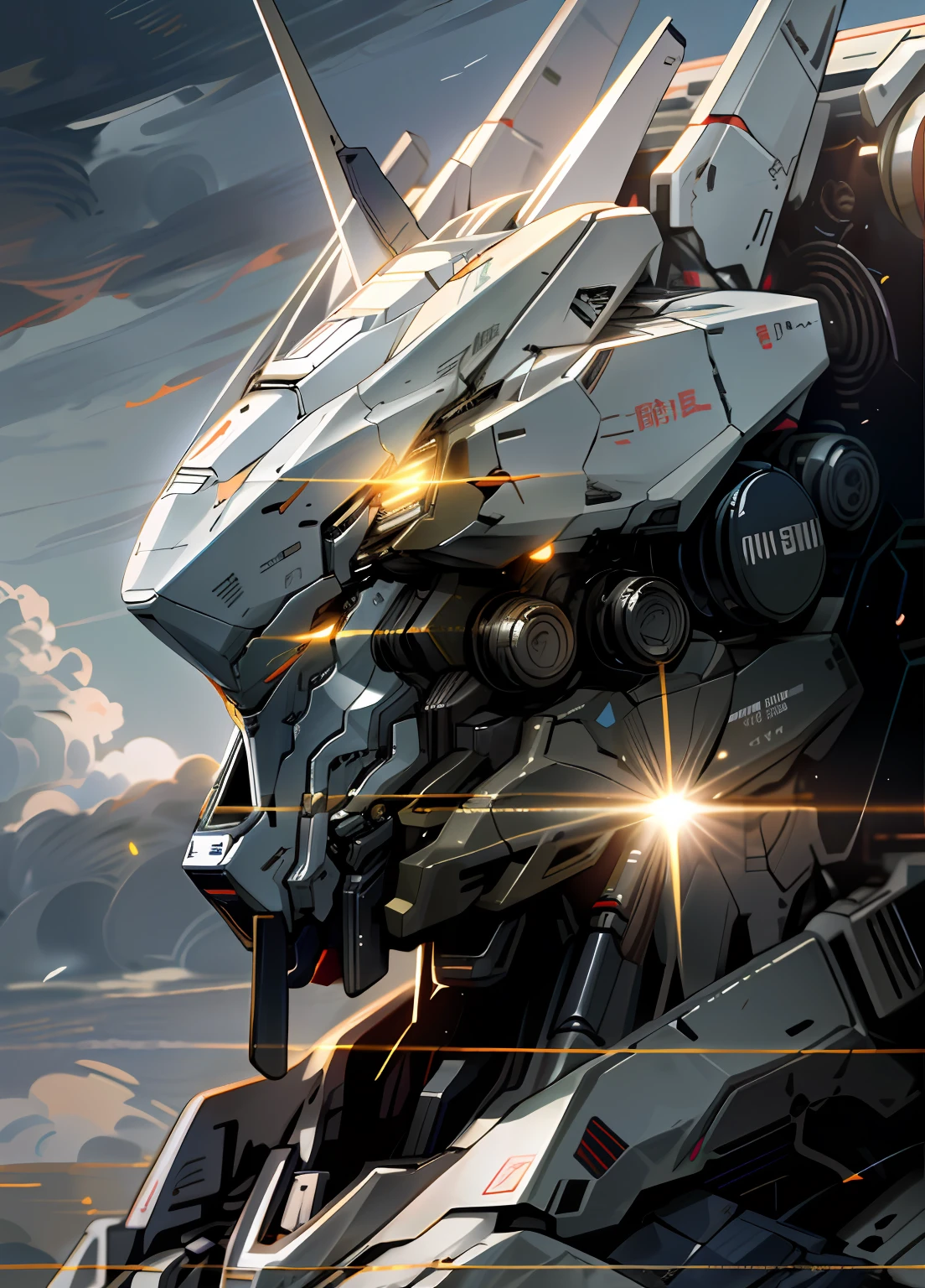 Skysky,clouds,Holding_arma,No_Humanity,with light glowing,,droid,buliding,,火焰,Glowing_Eyes,Mecha,scientific fiction,城市,Realistis,Mecha