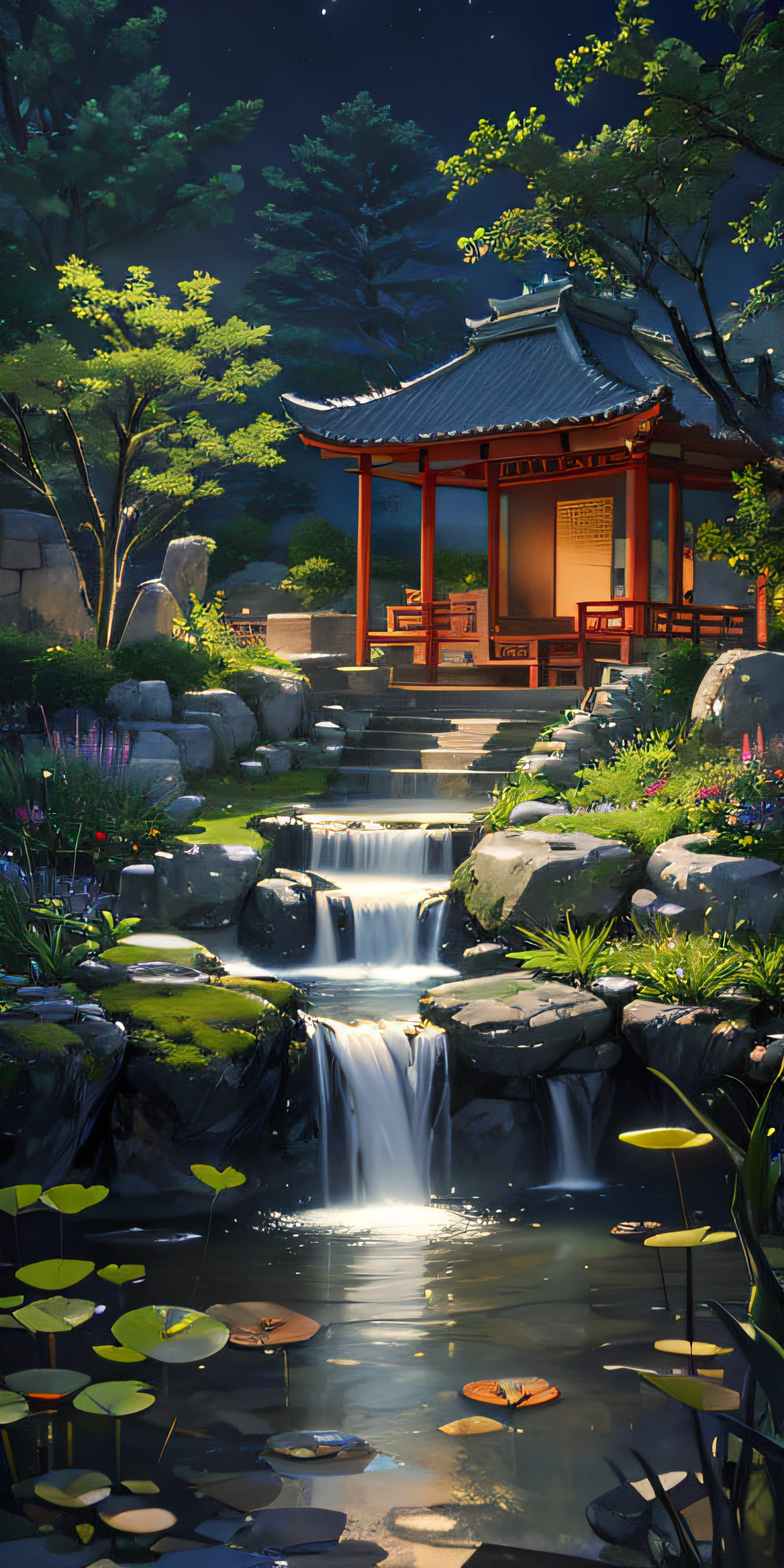 Ancient Chinese architecture, garden, bamboo, lake, stone bridge, rockery, arch, corner, rockery, tree, flowing water, landscape, outdoor, waterfall, meadow, rock, water lily, stream, lotus, moon, night view, hot springs, water vapor, (illustration: 1.0), epic composition, realistic lighting, high-definition detail, masterpiece, best quality, (very detailed CG unified 8k wallpaper), (best quality)