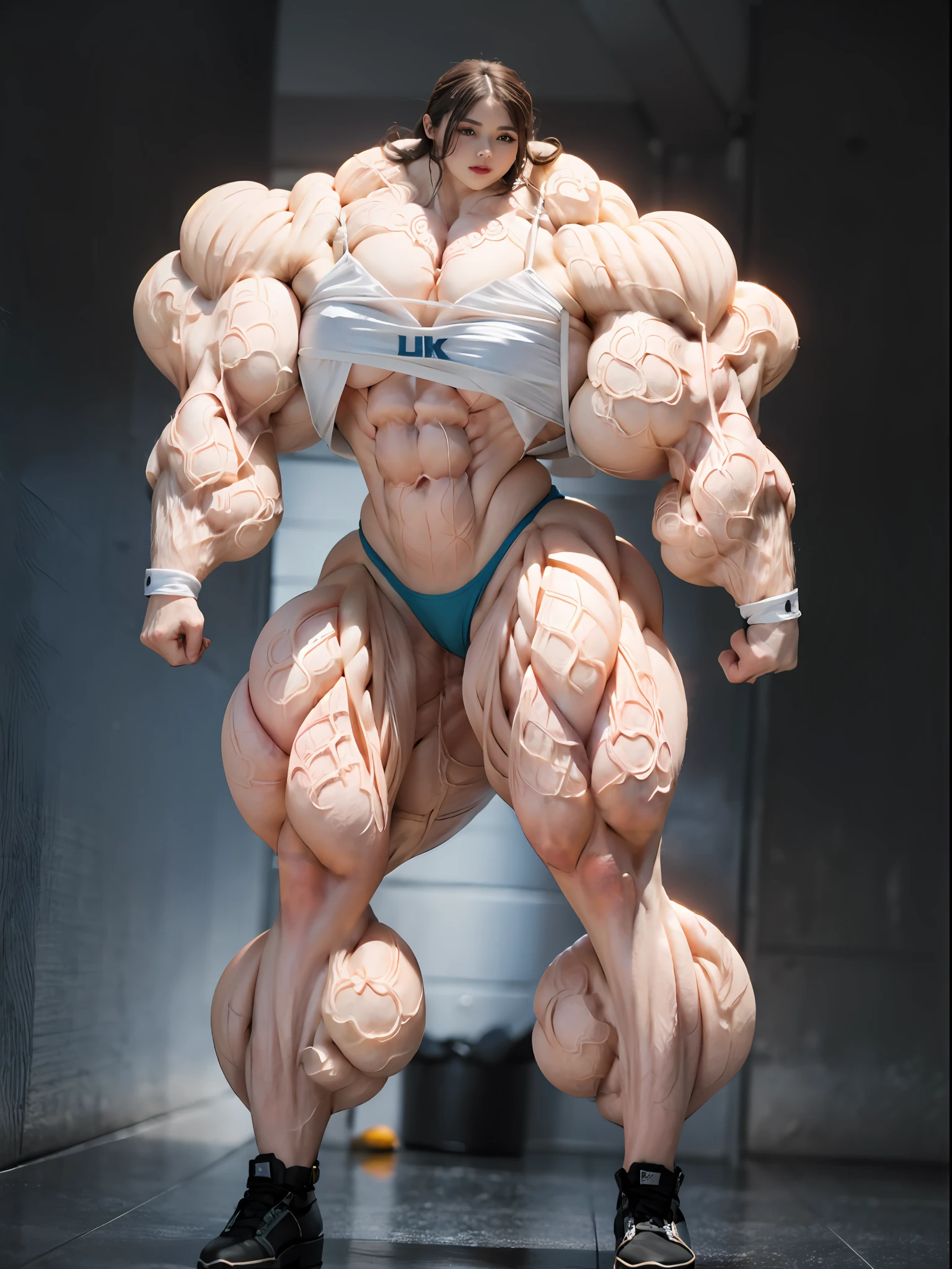 ultra photorealistic image of a bodybuilder wearing a skin tight thong, (perfect anatomy:1.5), (super muscular professional bodybuilder:1.5), (full body pose:1.5), (huge muscular arms:1.5), perfect model face, beautiful gorgeous smile, (super muscular physique:1.5), (muscular female bodybuilder:1.5), (huge muscular arms:1.5), (Larger biceps:1.75), large forearms, (((narrow hips))), veins everywhere, thin thighs, (thinner legs), (larger upper body:1.5), (small pecs), muscular chest, small waist, (perfect fingers:1.2), (full body pose), (UHD 8k:1.5), solo female, realistic image, high detail, photo quality, beautiful girl, best quality, ultra-detailed, masterpiece, finely detail, style of stefan kostic, realistic skin texture, 85 mm art lens, f 1.2, sharp focus, 8 k high definition, insanely detailed, intricate, elegant,