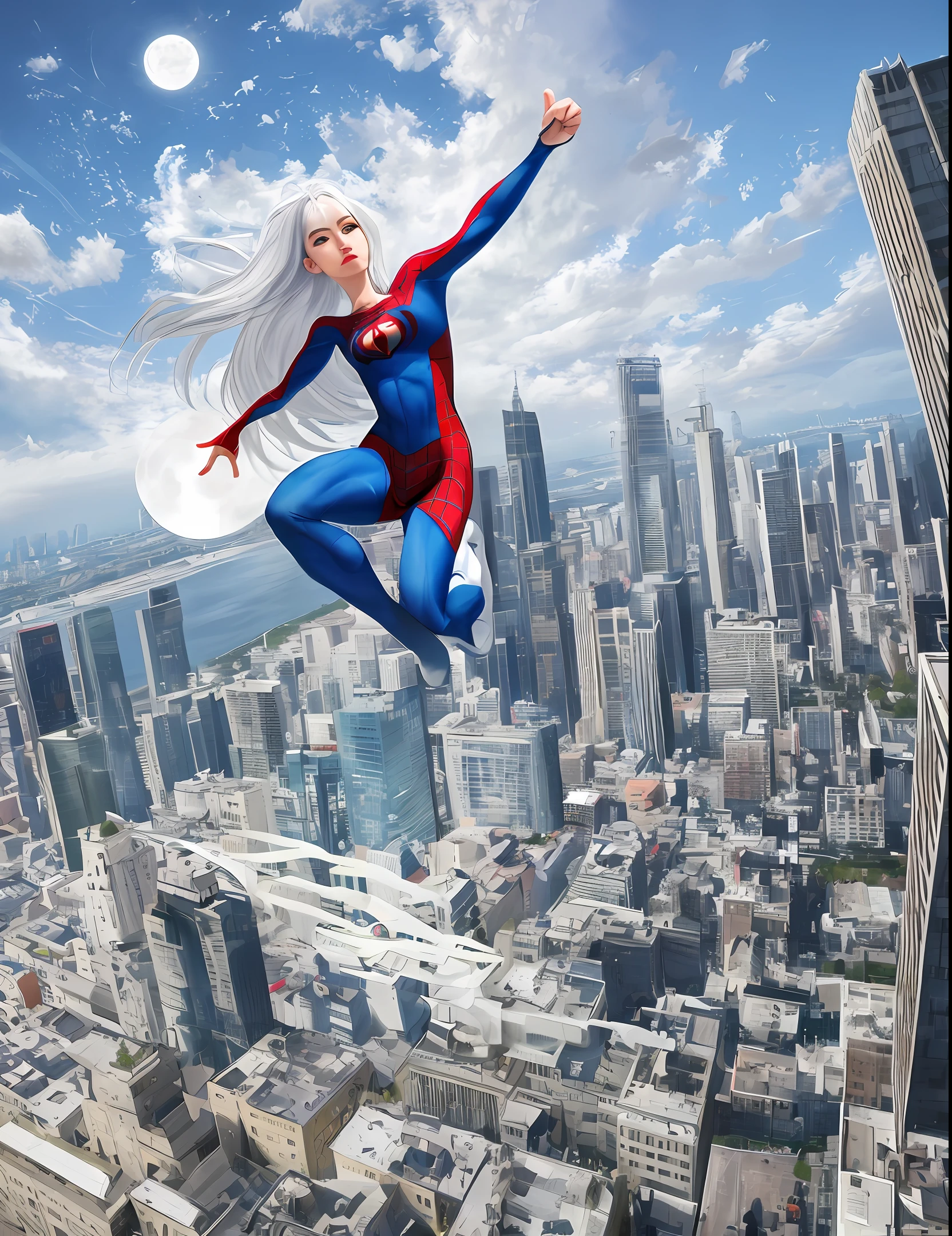 (Masterpiece, 4k resolution, ultra-realistic, very detailed), (White superhero theme, charismatic, there's a girl on top of town, wearing Spider-Man costume, she's a superhero), [ ((25 years), (long white hair:1.2), full body, (blue eyes:1.2), ((Spider-Man pose),show of strength, jumping from one building to another), ((sandy urban environment):0.8)| (cityscape, at night, dynamic lights), (full moon))] # Explanation: The Prompt mainly describes a 4K painting of ultra-high definition, very realistic, very detailed. It shows a superheroine at the top of the city, wearing a Spider-Man costume. The theme in the painting is a white superhero theme, the female protagonist has long white hair, is 25 years old and her entire body is shown in the painting. In terms of portraying the actions of superheroines, spiders are employed
