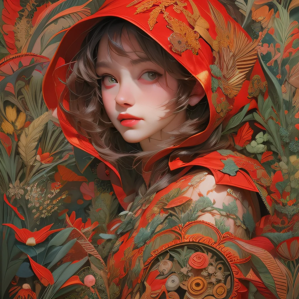 red riding hood,Beauty, Extreme Aesthetics, Masterpiece, Best Quality, (Zentangle, Mandala, Tangled, Entangled), (Fractal Art: 1.3), 1girl, Very Detailed, Dynamic Angle, Official Art, Unity, 8k, Wallpaper, Ultra Detailed, , Cowboyshot, Beautiful, Chaotic, Elegant, Fauvist Design, Bright Colors, Romanticism, James Jean, Robbie Devi Antono, Ross Tran, Francis Bacon, Michal Mraz, Adrian Gaini, Petra Cortwright, Gerhard Richter, Takashi Yamamoto, Ashley Wood, atmospheric, masterpiece