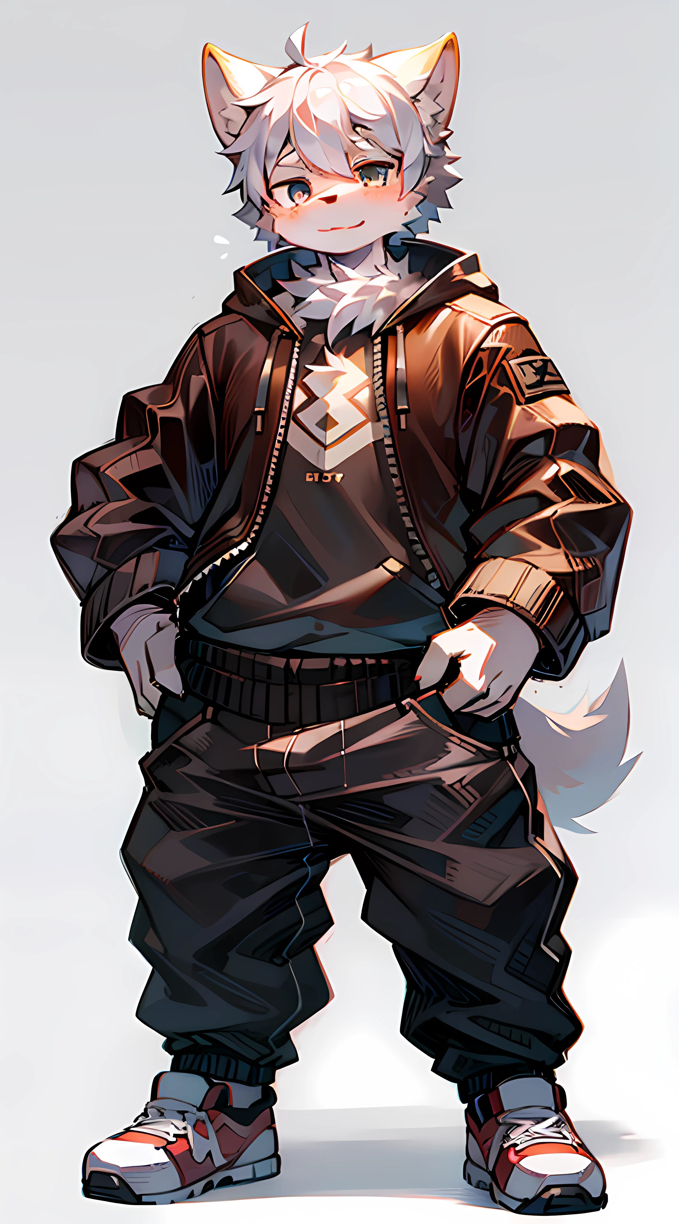 full body Esbian From head to shoes Shota Raise bangs No bangs The right outfit Dobodobo Pants Oversized high-cut sneakers Beastman White ears Hybrid of wolf and man kawaii Deformed White background Stand up straight Highest image quality 8K Straight in front Put your hands down