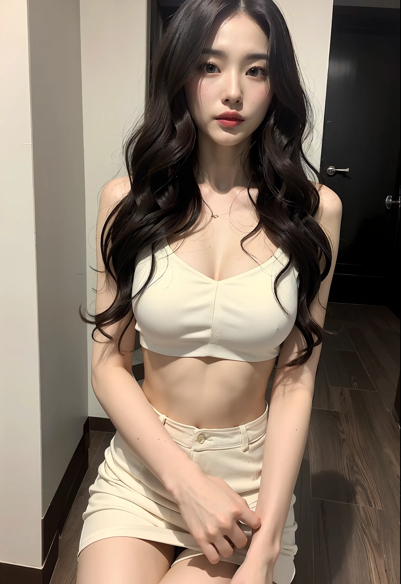 White skin and beautiful appearance,Long legs,cropped shoulders,V-chest,Big black wavy curls