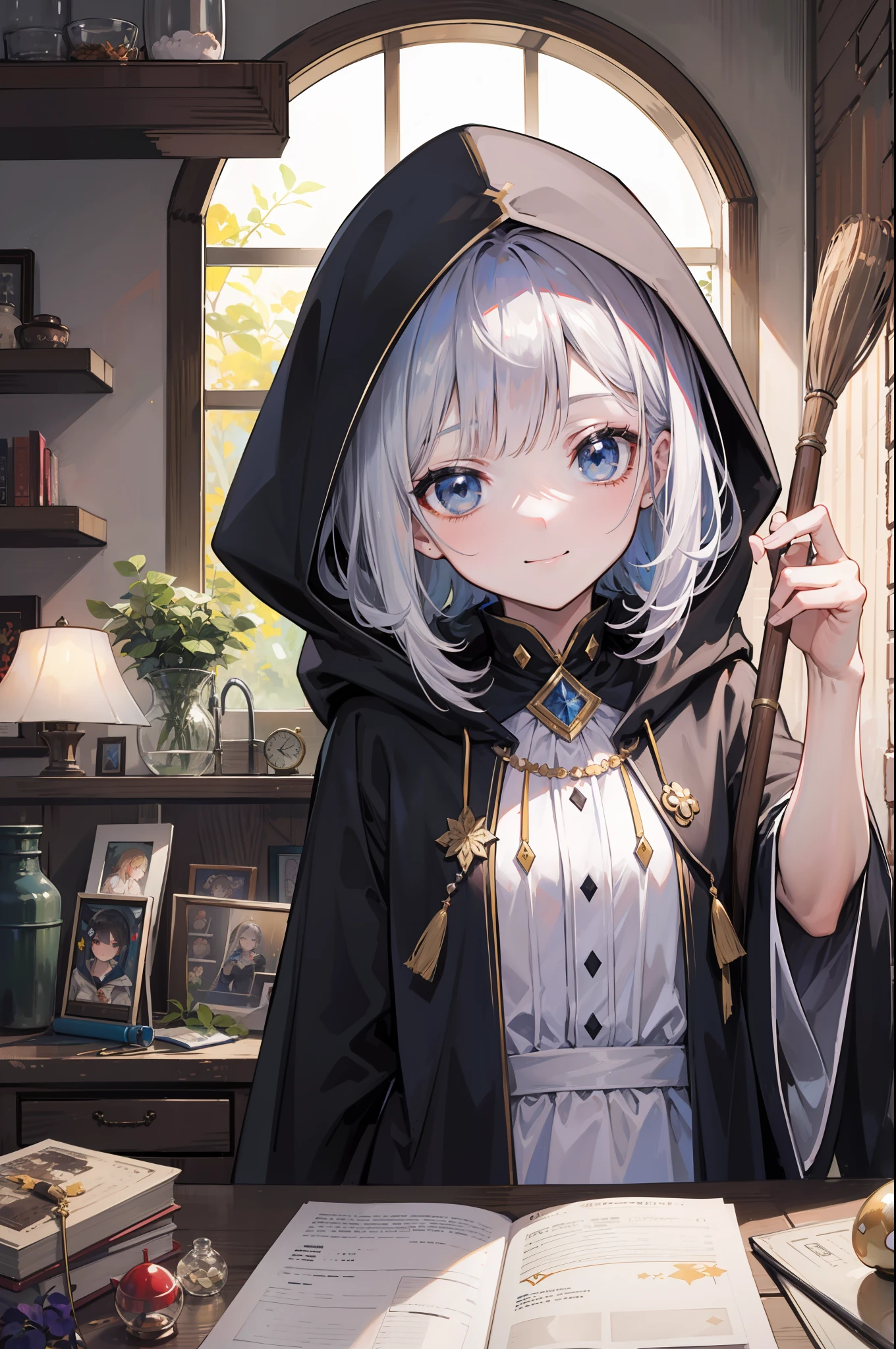 masterpiece, top-quality, One young wizard、cute little、magic wands、Magic broom、medicinal herbs、nutty、mushroom、Magic House、Magic Kitchen、hour glass、detailed and beautiful faces、beautidful eyes、seducting smile、majutsu、magical fantasy、in isekai、Dark hooded cloak、Hooded、FULL BODYSHOT、Dynamic angles、Magic costume、