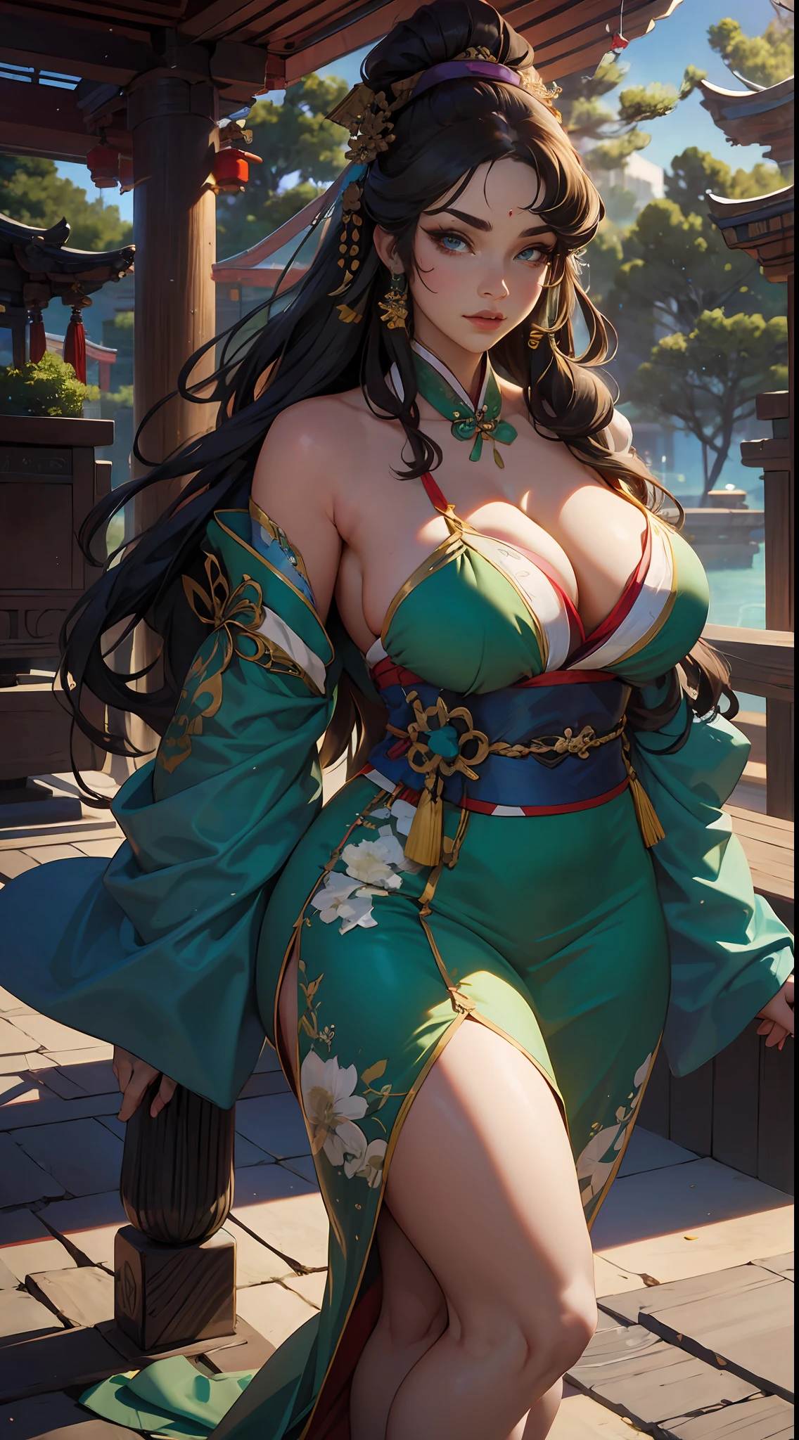 1 beauty,Girl with thick fat chunky physique,Rich state,Green Hanfu,National style,Ancient wind,ultraclear,facial closeups,imperial concubine,long whitr hair