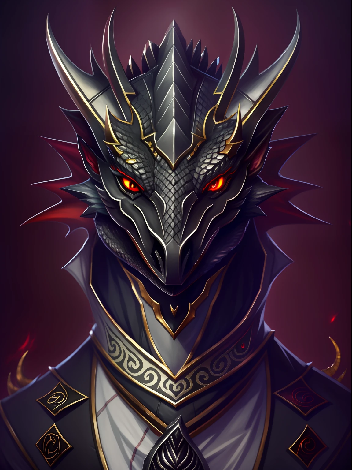 male anthropomorphic black dragon with red eyes, anthropomorphic dragon portrait, d&d trending on artstation, character concept art, sleek anthropomorphic dragon head, anthropomorphic dragon with black scales and silver accents, short snout, thin anthropomorphic dragon, black scholar clothes, close up head shot