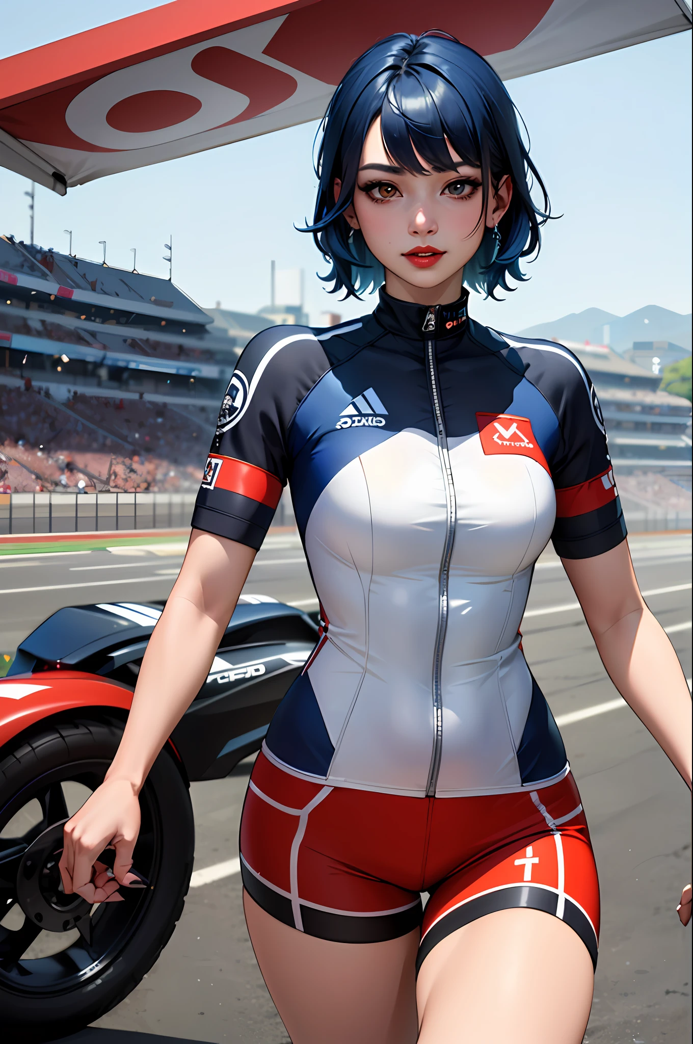 (​masterpiece:1.4)、(top-quality:1.4)、
1girl in, Bewitching Grid Girl, Blue hair, looking at the viewers, 独奏 ,realisitic,(shinny skin),(​masterpiece:1.4),(top-quality:1.4),red-lips,racing venue