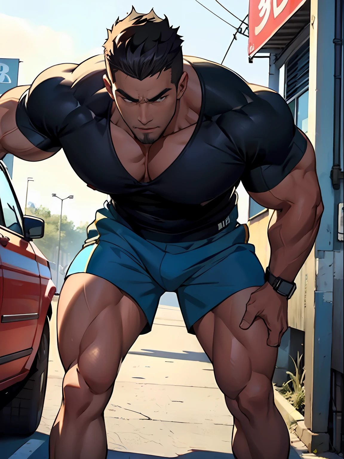 Handsome、Robust male，is wearing a shorts，Take off your top，Reveals the muscular lines of the upper body，Show on the《Extreme pursuit》A cinematic scene，He looks ambitious。