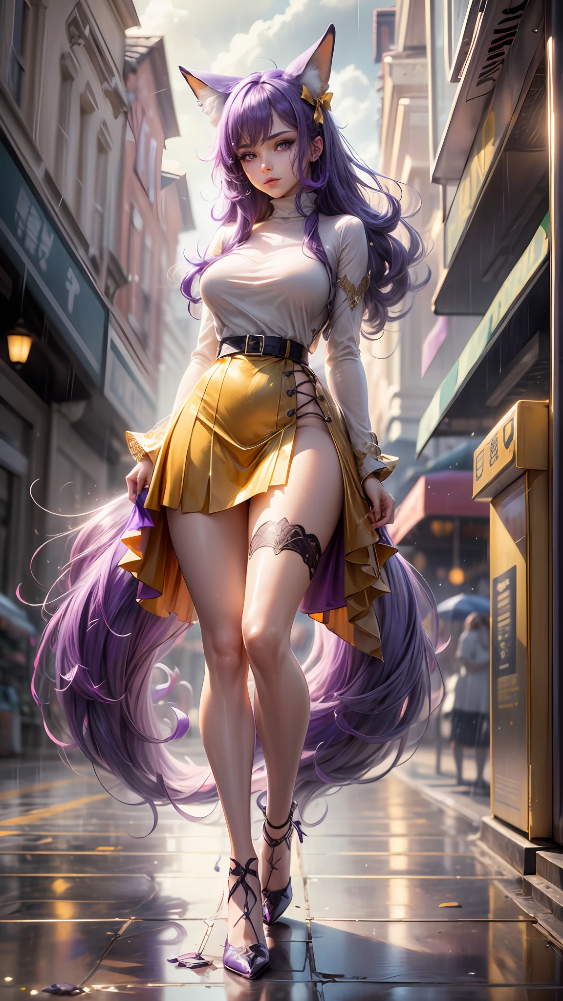 Best quality, hyper-high detail, very high res, Extremely detailed CG, 真实感,absurd res,fox ear,Huge colorful fox tail, 8K,Colorful, A 20-year-old nine-tailed fox girl,Light turtleneck shirt,Detailed clothing patterns,tiese,(full body:1.3),Solo,Perfect body shape,(long leges:1.3), Faraway view,high-heels,(Purple eyes), (Purple hair to shoulders), Extremely long purple diamond hair floating, yellow ribbon, Beautiful eyes,(Purple clothes:1.3),Wet clothes, Short purple skirt, detailed and beatiful face and eyes, ((Shiny skin)), Shiny hair, (detailed and beautiful shiny clothes, Kiosk side, In a square, waiting for rain to pass,overcast sky, Rainy days,(dynamicposes:1.3),low perspective,