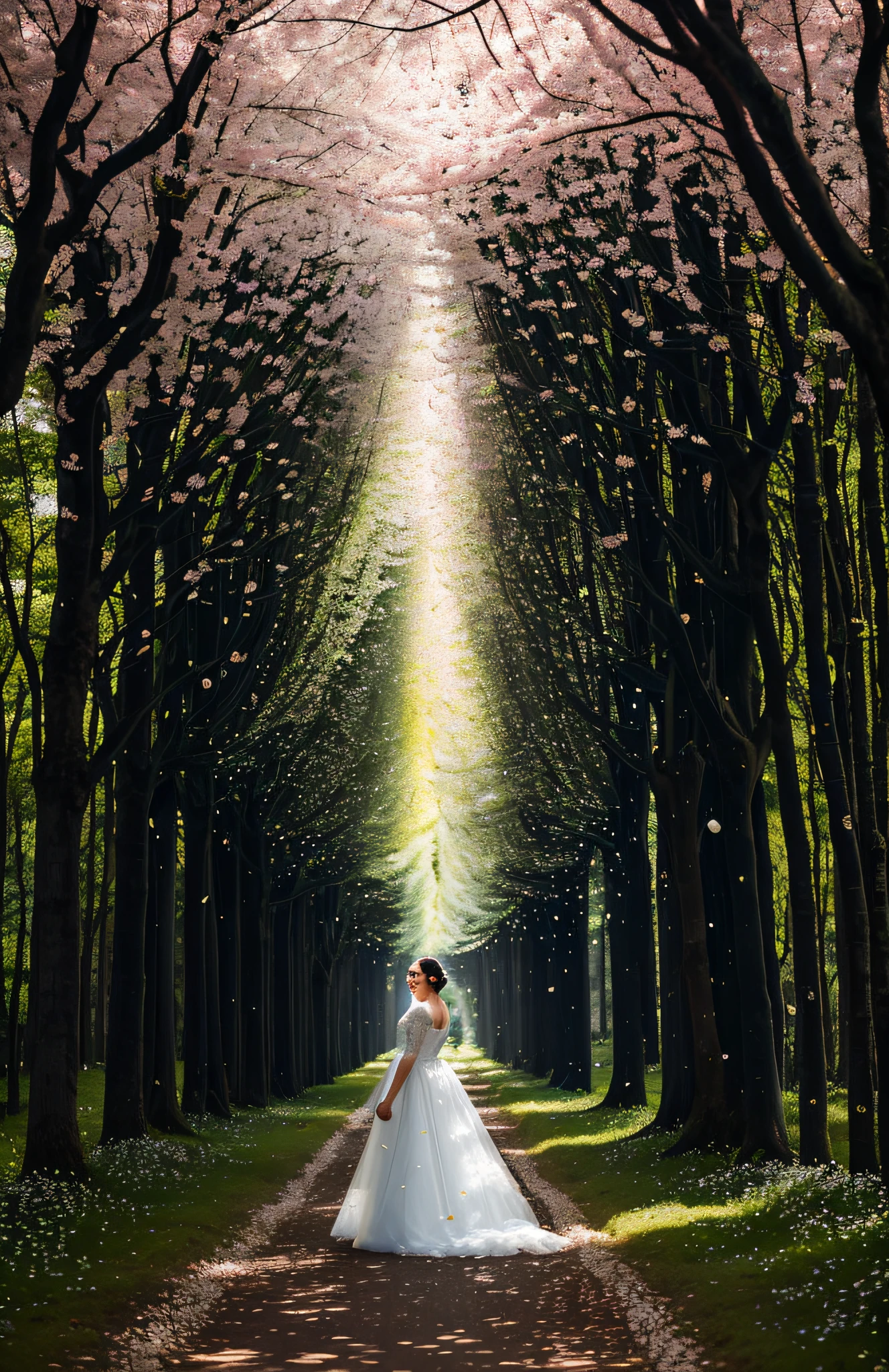 uma linda jovem caminhando em uma floresta encantada com roupas medievais, surrounded by bright strands of light and petals floating in the air. The tall trees form a majestic tunnel around you, e os raios de sol iluminam suavemente a cena. The young woman is dressed in a beautiful dress. (melhor qualidade, obra prima) volumeric lighting, perfect compositio, bela obra de arte, jovem de costa, correndo, flores, particuls, vento, bem pintado, corpo perfeito, corpo inteiro, pose, cores suaves, capa de livro, luz