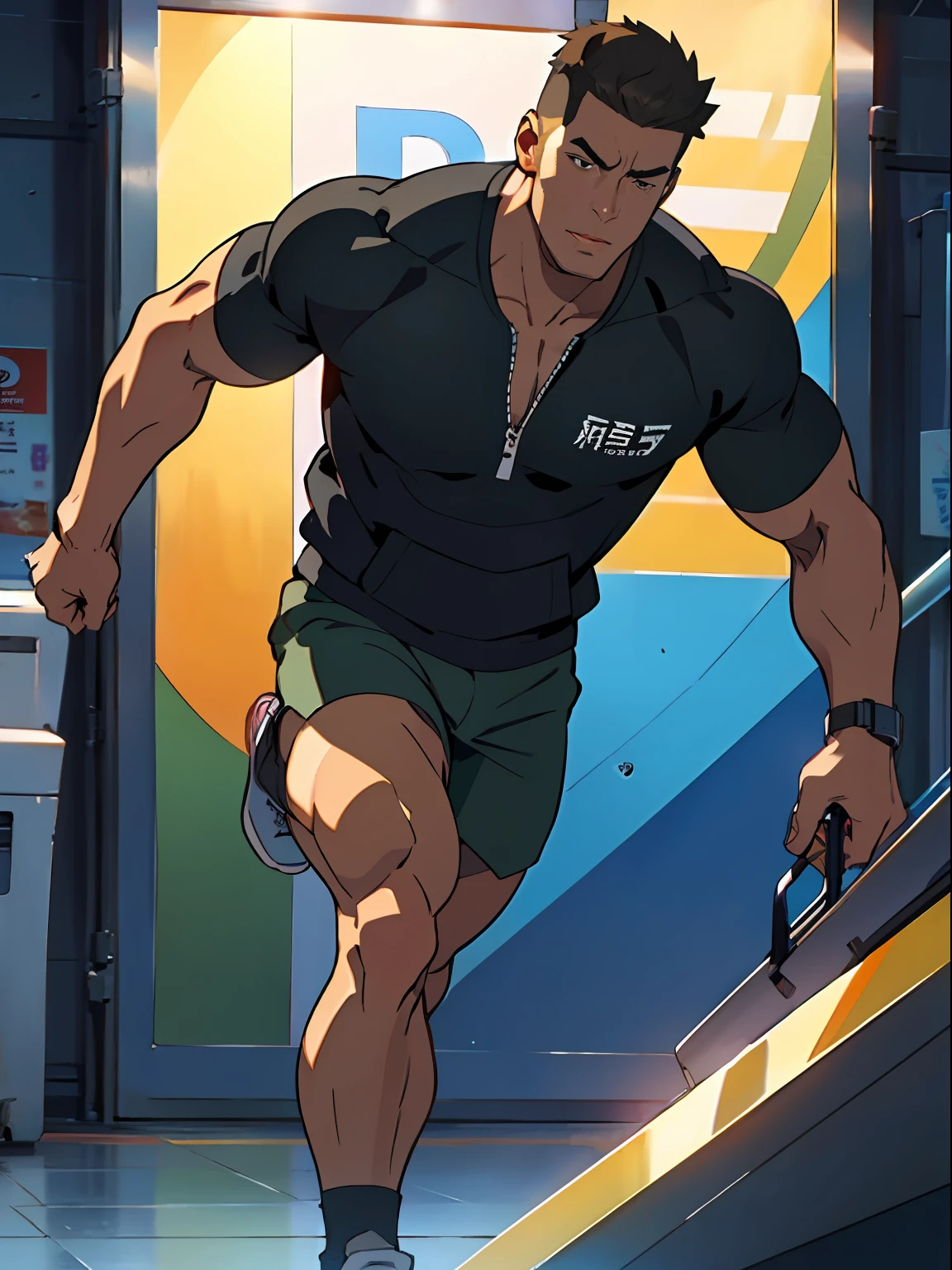 Handsome、Robust male，is wearing a shorts，Take off your top，Shows the muscle lines of the upper body，Show on the《Extreme pursuit》A cinematic scene，He looks ambitious。