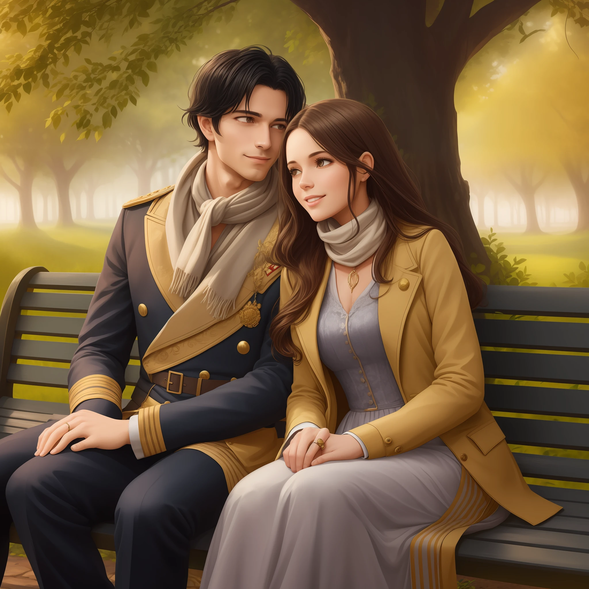 Prompt: Create an illustration of a period romance couple on a walk through the park. The woman has brown hair and is wearing a simple, romantic dress, with a scarf around his neck. The man has messy black hair and is wearing a relaxed military uniform, com o colarinho desabotoado. They're sitting on a bench, conversando animadamente e rindo, enquanto folhas de outono caem ao seu redor. Be sure to capture the romantic and cozy atmosphere of the park with rich details, like trees with colorful leaves and a cobblestone path. The lighting should reflect the late afternoon, with golden rays of sunshine piercing through the treetops. The expression on the couple's face should convey happiness and emotional connection. Bring the colors and textures of the costumes and scenery to life to create a charming and nostalgic illustration. Trajes do seculo xix, periodo regencial.