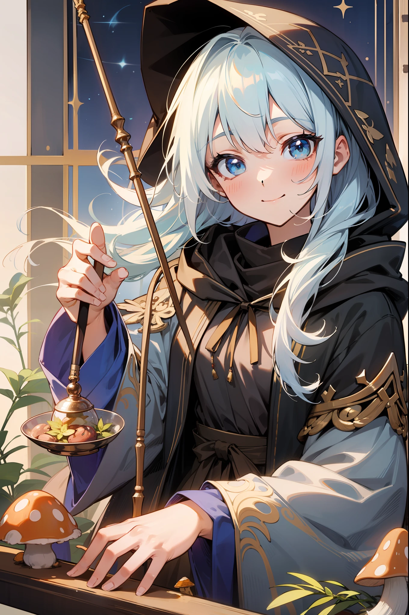 masterpiece, top-quality, One young wizard、cute little、magic wands、Magic broom、medicinal herbs、nutty、mushroom、Magic House、Magic Kitchen、hour glass、detailed and beautiful faces、beautidful eyes、seducting smile、majutsu、magical fantasy、in isekai、Cloak with dark hood、Hooded、FULL BODYSHOT、Dynamic angles、Magic costume、
