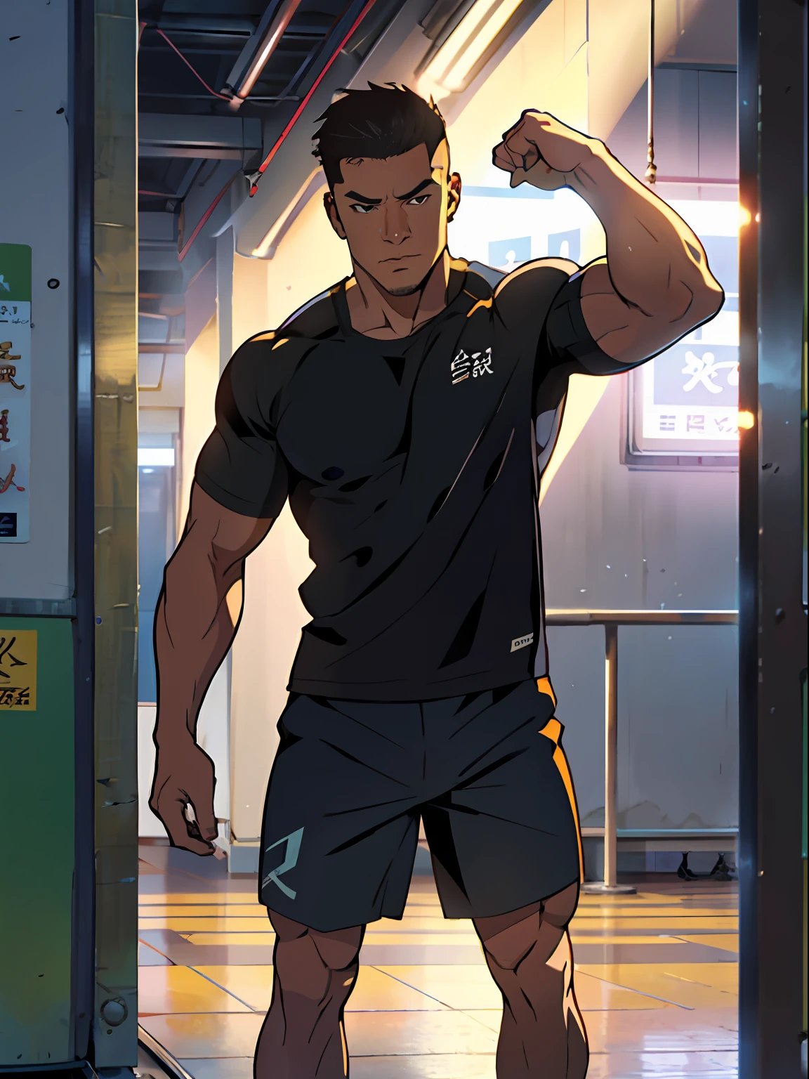 Handsome、Robust male，is wearing a shorts，Take off your top，Shows the muscle lines of the upper body，Show on the《Extreme pursuit》A cinematic scene，He looks ambitious。