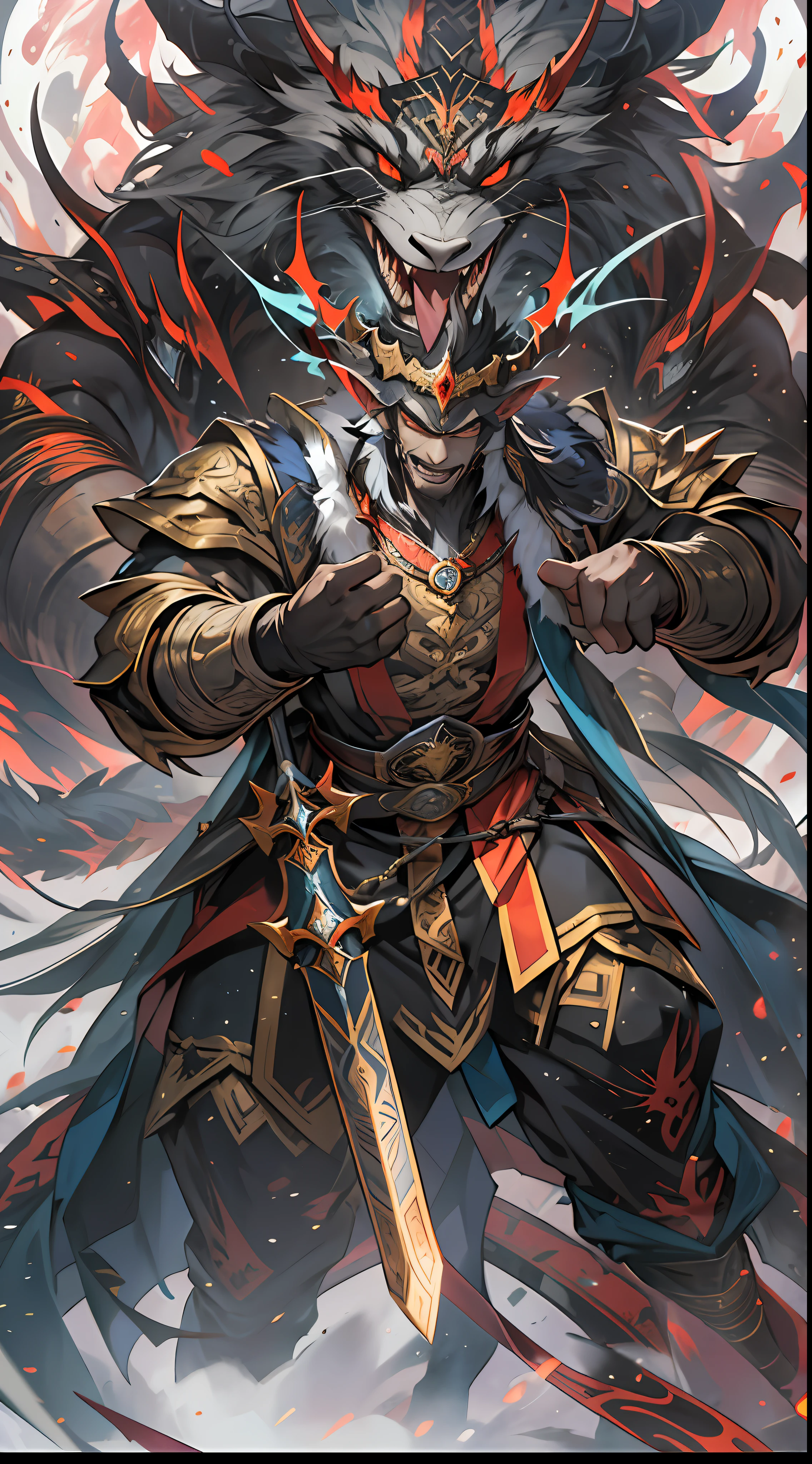Li Gu exudes an aura of victory, having successfully defeated the invaders. However, there is still a significant gap in strength between them and Li Gu, and the Divine Beast Alliance and the Demon God Alliance have no intention of letting them go, , 32k, best quality, masterpiece, super detail, high details,