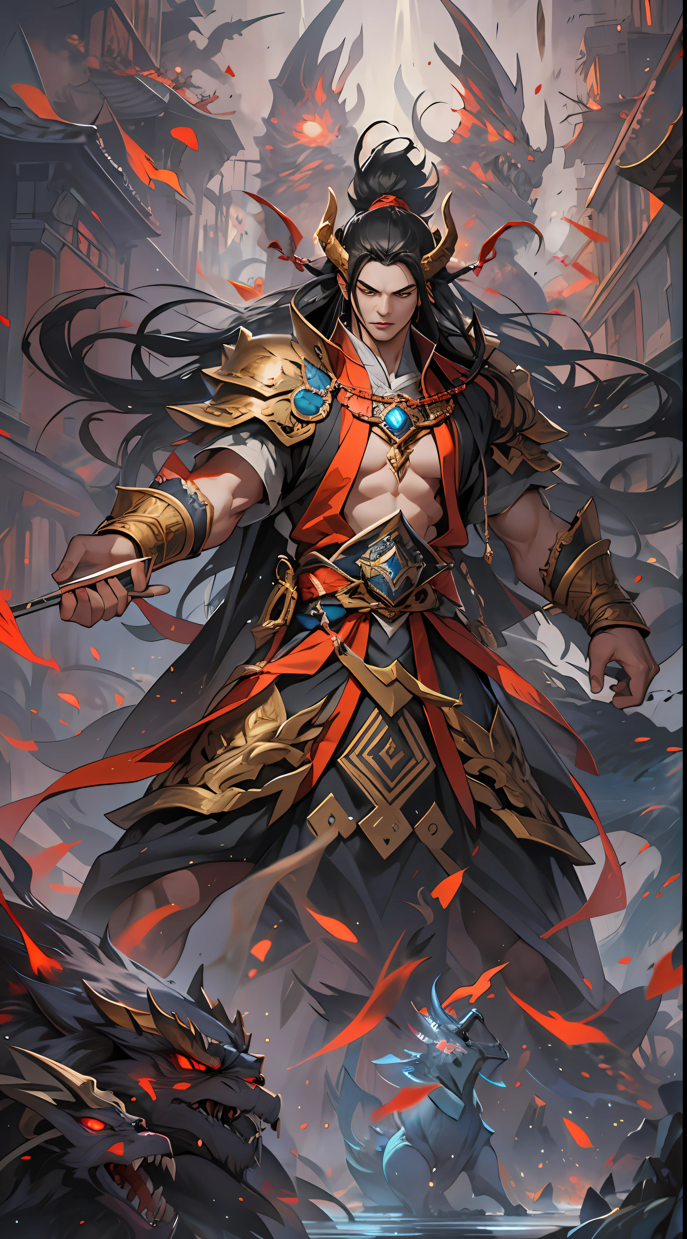 Li Gu exudes an aura of victory, having successfully defeated the invaders. However, there is still a significant gap in strength between them and Li Gu, and the Divine Beast Alliance and the Demon God Alliance have no intention of letting them go, , 32k, best quality, masterpiece, super detail, high details,