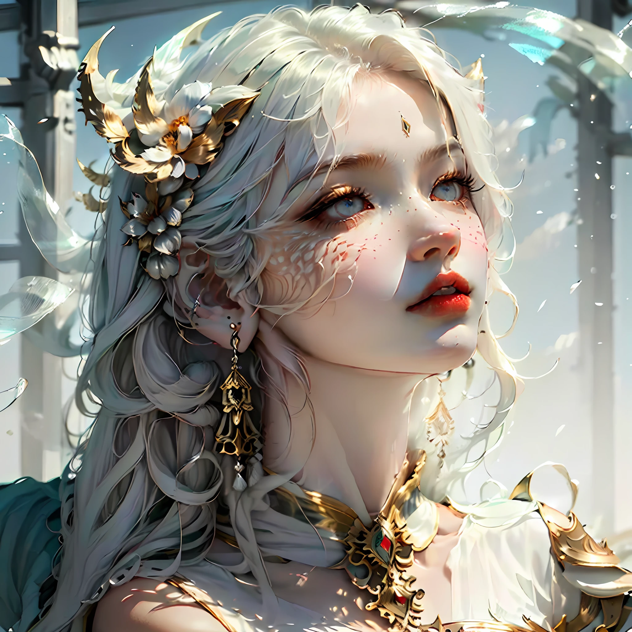 Superb quality,tmasterpiece,whaite hair,Golden eyes,White top,Look up,The upper part of the body,dual horsetail,with fair skin,Clothing sheer sense --auto