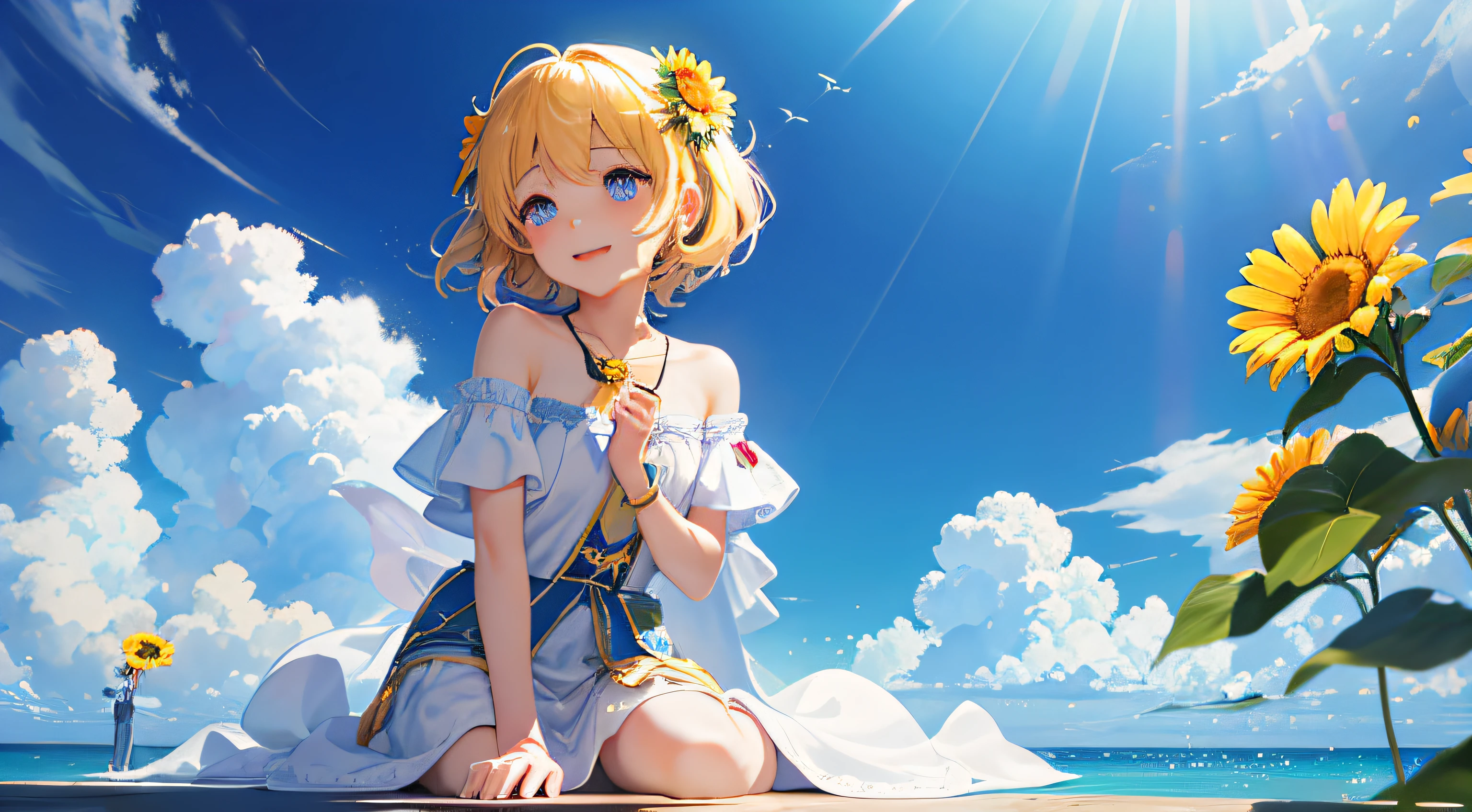 Libido boy，rays of sunshine，himawari，flower  sea，Disney  style，True light source，dream magical，realisticlying，tmasterpiece，HighestQuali --auto