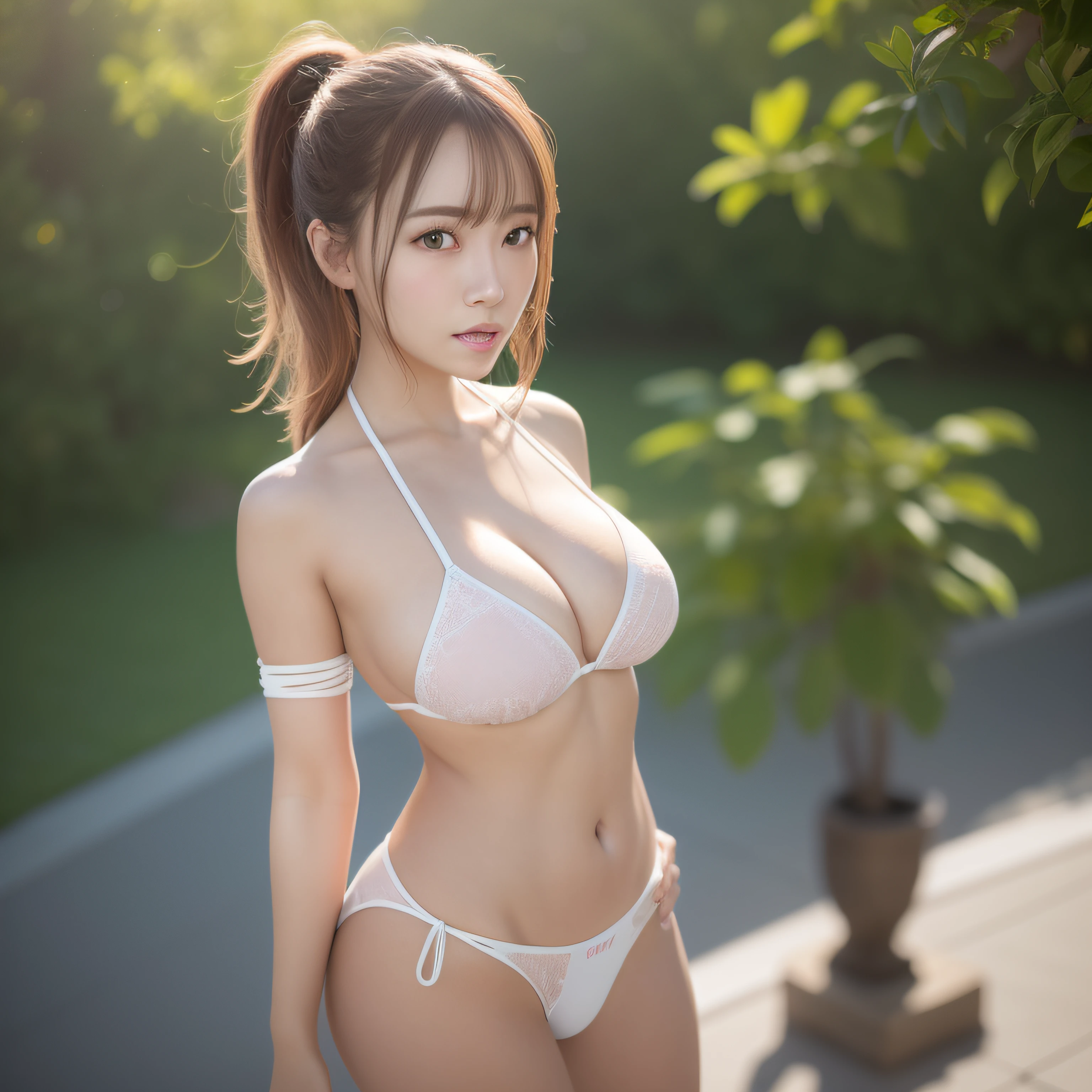 ((top-quality)), ((masterpiece)), (detaileds:1.4), 3D,the face of a beautiful Japanese girl、Facial features of Japan、Cute fine face of a girl、Very thin lips、a smile、a matural female、unclear、adult lady、Looking at the camera、Arafe woman in white micro bikini poses for photo、Pink Micro Bikini、Sultry body with sexy belly、Pink Micro Bikini、smooth translucent white skin、beautiful sexy woman photo、sling bikini、elegant bikini、Full length view、Attractive body、smooth body features、large full breasts、photo of slim girl model、body sexy,HDR(HighDynamicRange),Ray traching,NVIDIA RTX,Hyper-Resolution,Unreal 5,sub-surface Scattering,PBR Texturing,Postprocess,Anisotropy Filtering,depth of fields,Maximum clarity and sharpness,multi-layer texture,Albedo and specular maps,Surface Shading,Accurate simulation of light-material interactions,perfectly proportions,Octane Rendering,Two-tone lighting,Wide aperture,Low ISO、White Balance、thirds rule、8K RAW、