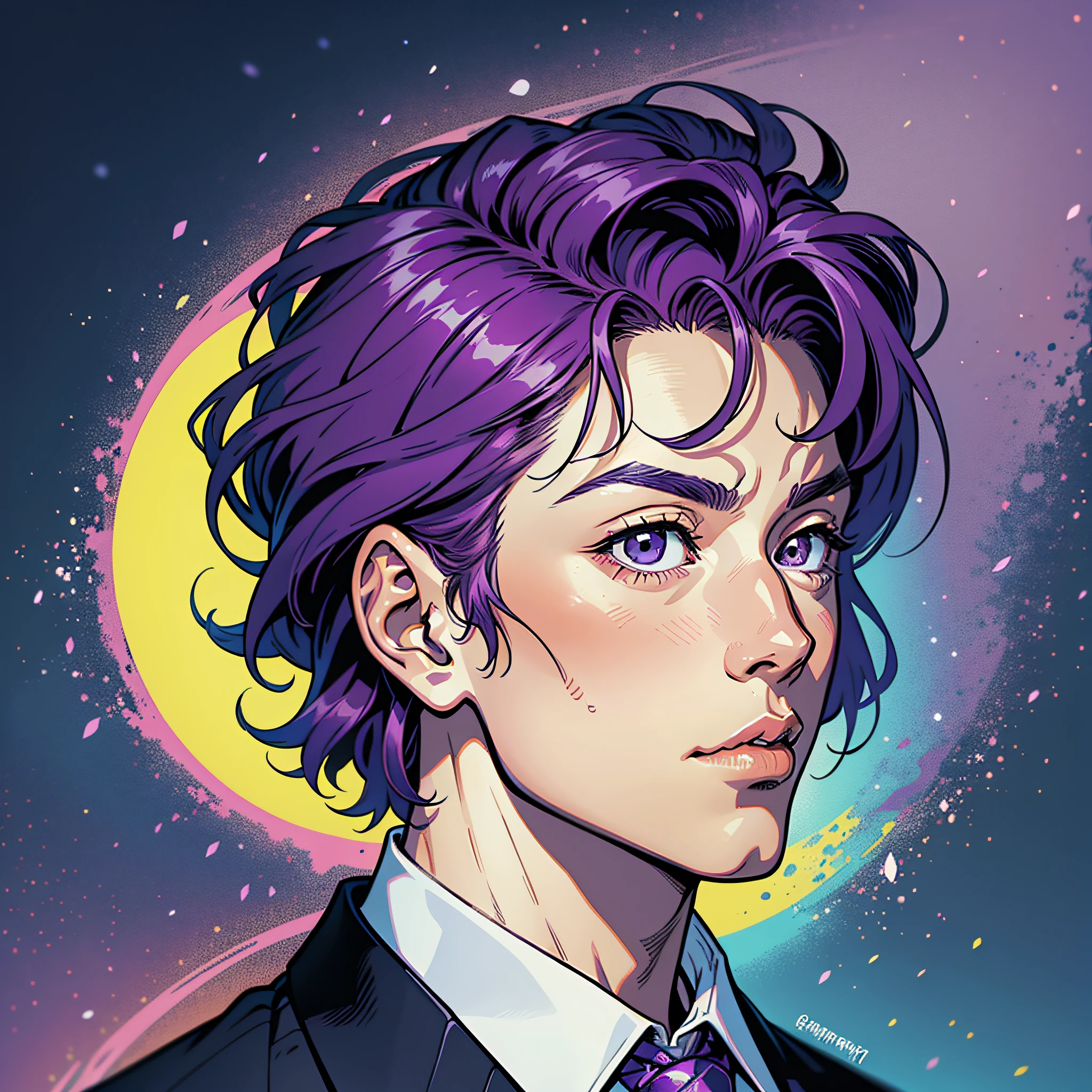 a closeup of a man in a suit and tie, Hirohiko Araki Style, Kentaro Miura Manga Art Style, Kentaro Miura Manga Style, art by hirohiko araki, Hirohiko Araki Art, guy wearing purple fantasy suit, Manga style by Kentaro Miura, Design of 90s comic book characters wearing a colorful men's suit