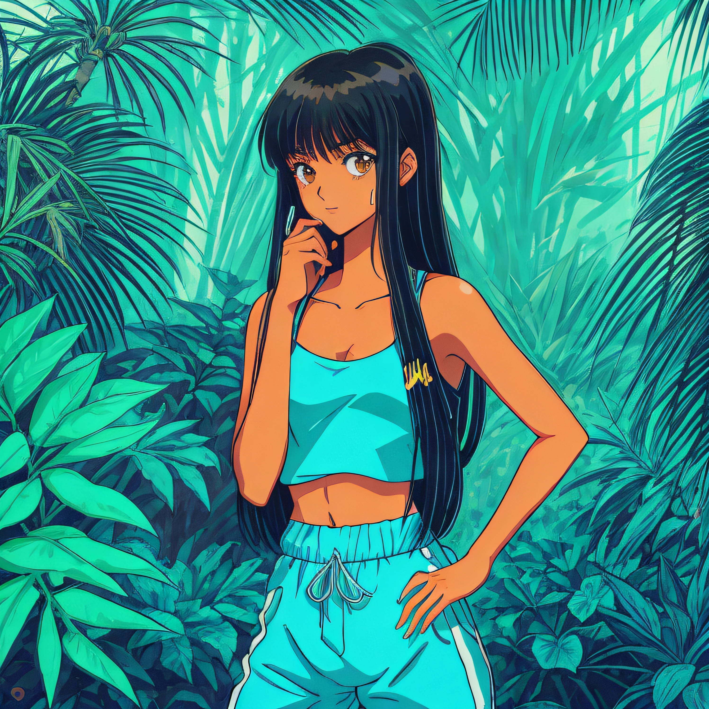 A young beautiful woman, anime girl 2d,  20 years, face like  zero two , brazillian indian skin,  black stright hair,  dark brown eyes,  thinking pose  in a park, wearing a  90's aquamarine color top and sweatpants, surrounded by  tropical plants, the classic 90s anime art style