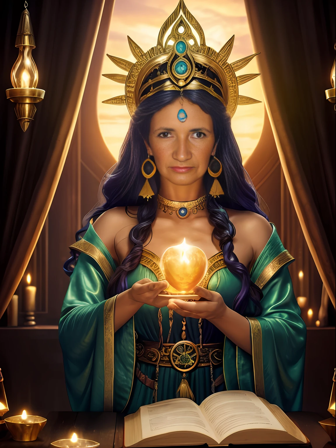 (strange goddess:1.1),(hechicera:1.2) Creating a potion of love, amuleto de piedra, amuleto de oro en su mano, warm light, misterioso ambiente, Mystical and charming atmosphere, fundido en un libro antiguo, estrellas centelleantes.
