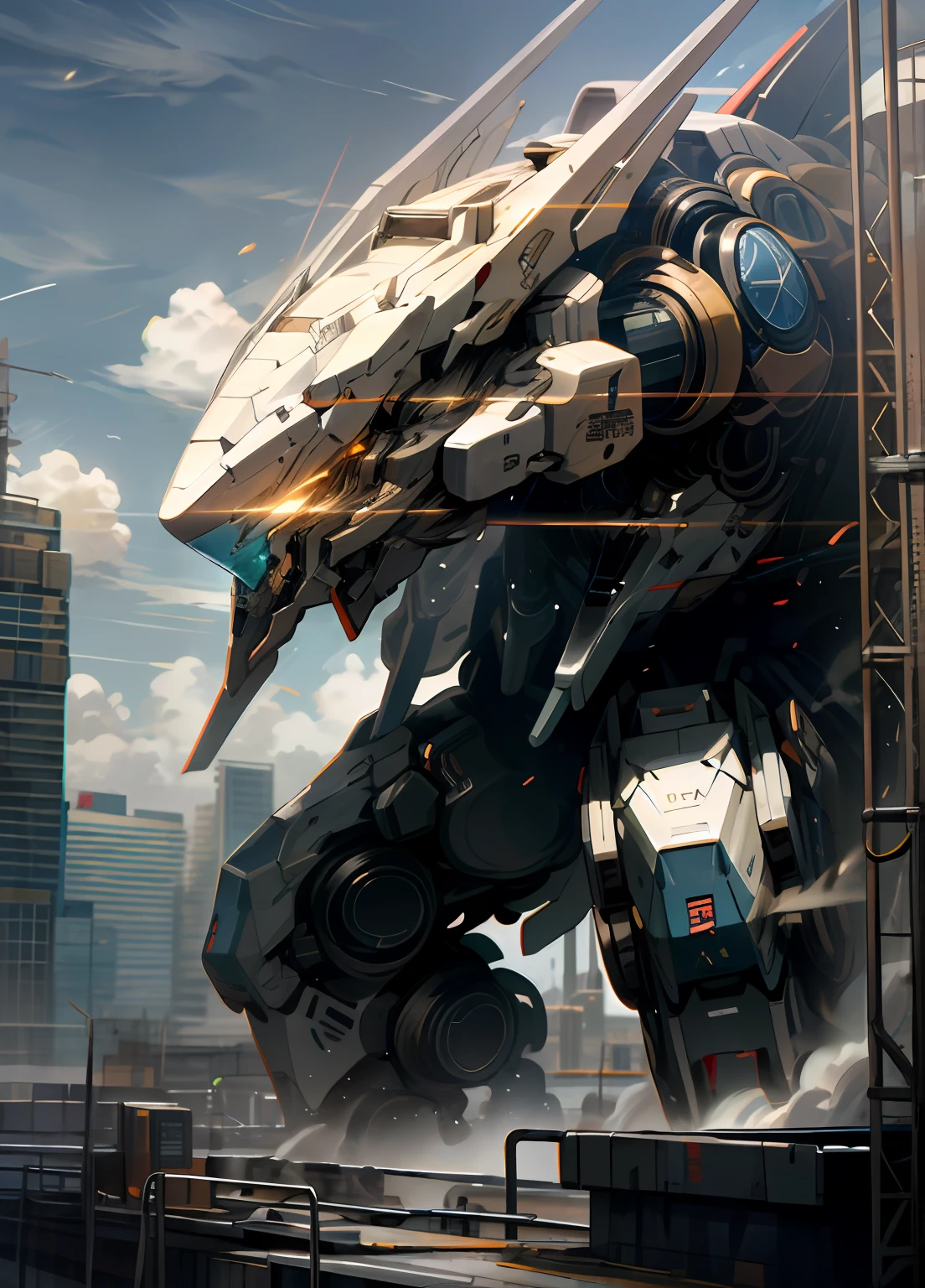 Skysky,clouds,holding_weapon,no_humans,with light glowing,,droid,buliding,,火焰,glowing_eyes,mecha,scientific fiction,城市,Realistis,mecha