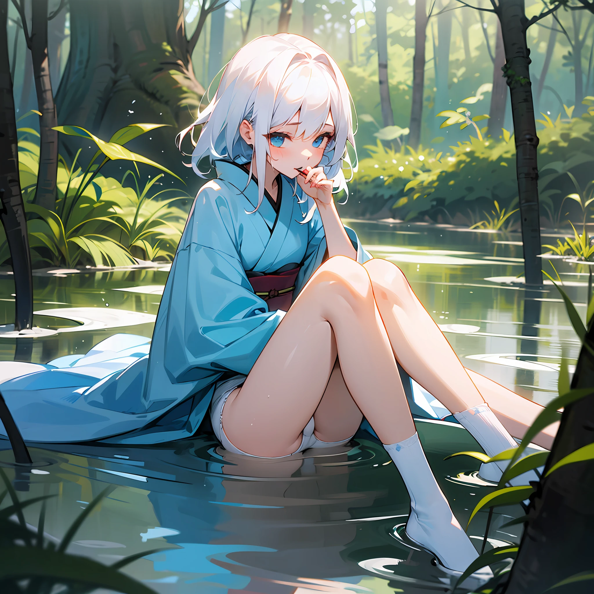 In the forest，Girl with white hair，in a kimono，A lollipop in his hand，sat on the ground，Split legs，White panties are exposed，Soaked，White stockings on the legs，The ground was covered with a viscous white liquid。 --auto