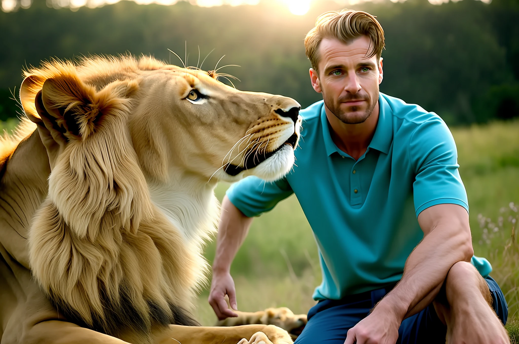 Homem CALVO, SMOOTH FACE sitting in a field with lions and a dog, arte realista, awesome art, Rei da selva, lions, arte realista, Cena realista, Bill Rizer, arte deslumbrante, incrivelmente realista, Realistic 8K playback, national geographic photo shoot, Arte Oficial, the man riding is on the lion, Directed by: Alexander Fedosav, imagem realista