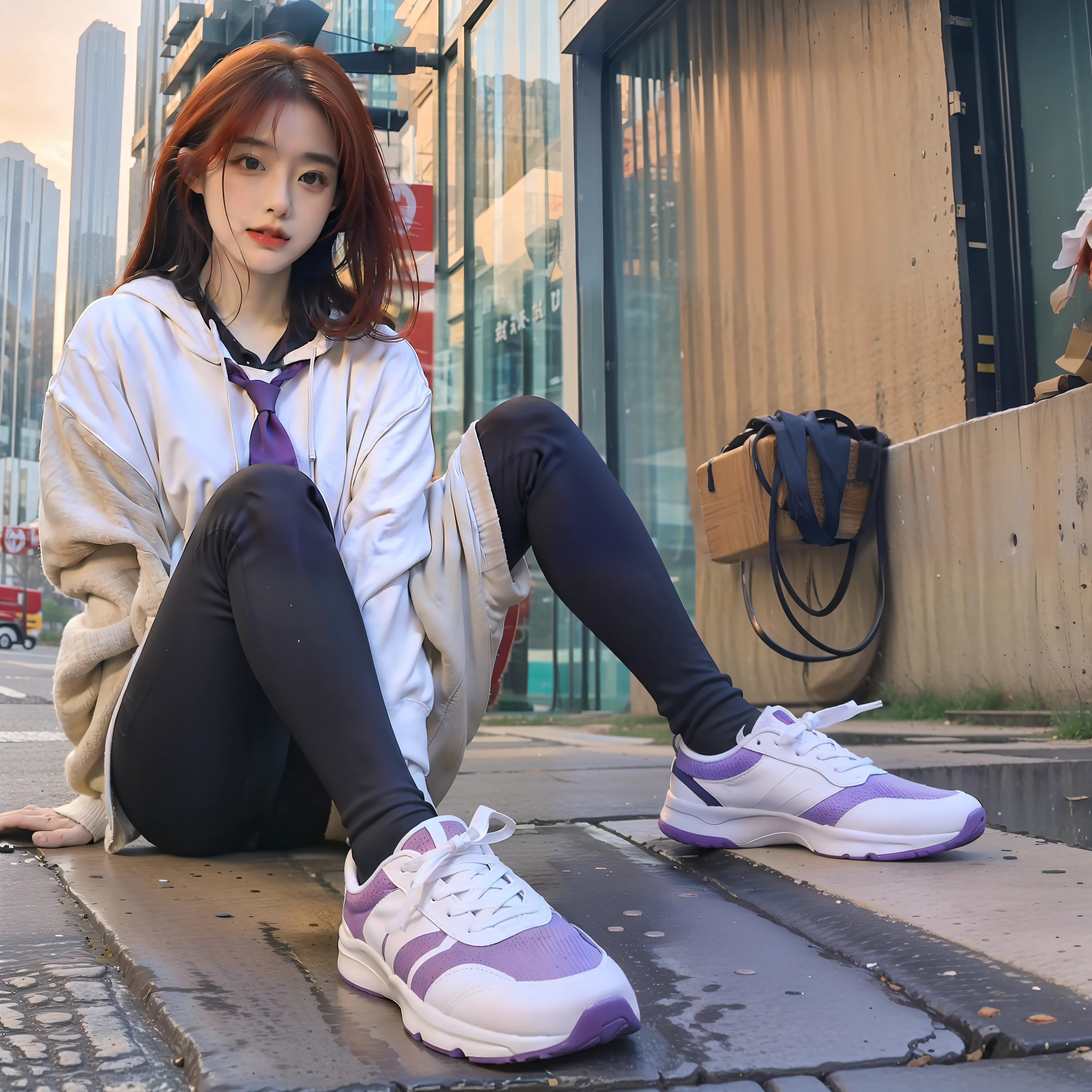 ((tmasterpiece:1.3)),Highest image quality,The texture is delicate,8K分辨率,(Kizi,Long fiery red hair,White sweatshirt 1:1,Black leggings 1:1,White casual shoes,purple necktie),fully body photo,Pose,A picture,depth of fields,Faraway view,in a panoramic view