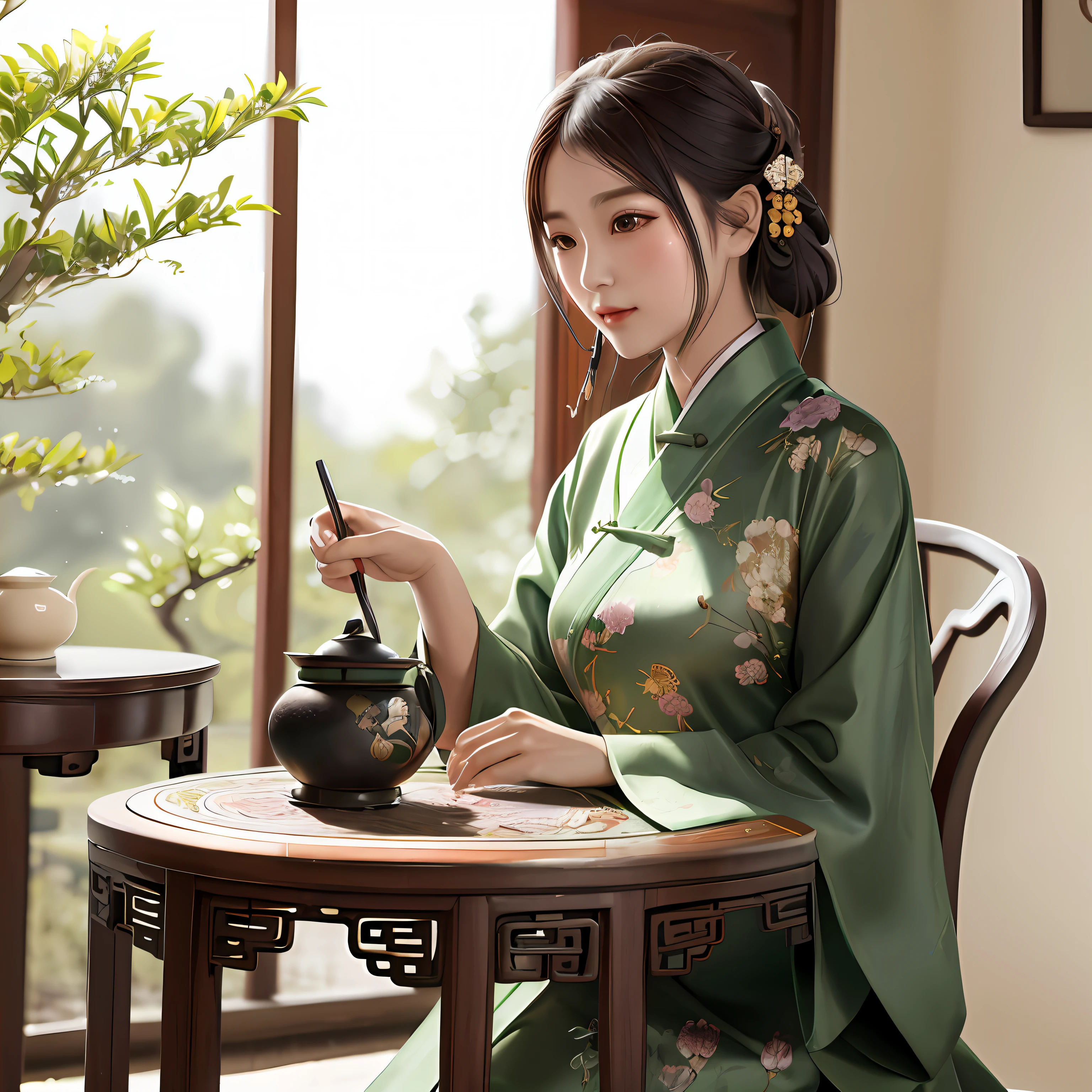 araffe woman in a green kimono sitting at a table with a tea pot, traditional chinese clothing, traditional chinese, palace , a girl in hanfu, with acient chinese clothes, wearing ancient chinese clothes, chinese costume, chinese woman, chinese style, chinese girl, tea ceremony scene, hanfu, cheongsam, chinese dress, elegant japanese woman