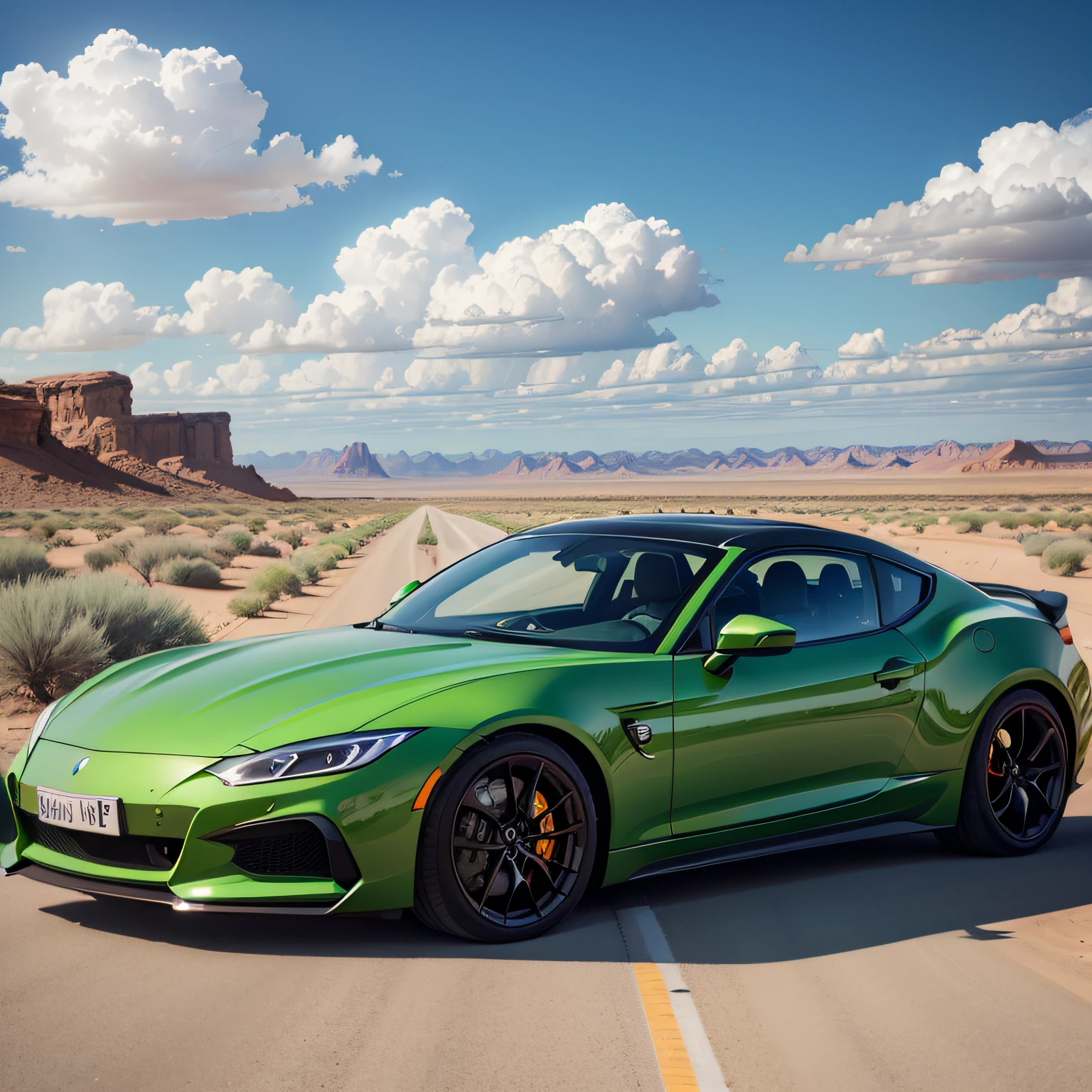 Green sports car，Desert Highway，camelstoe，with blue sky and white clouds，Bunting --auto