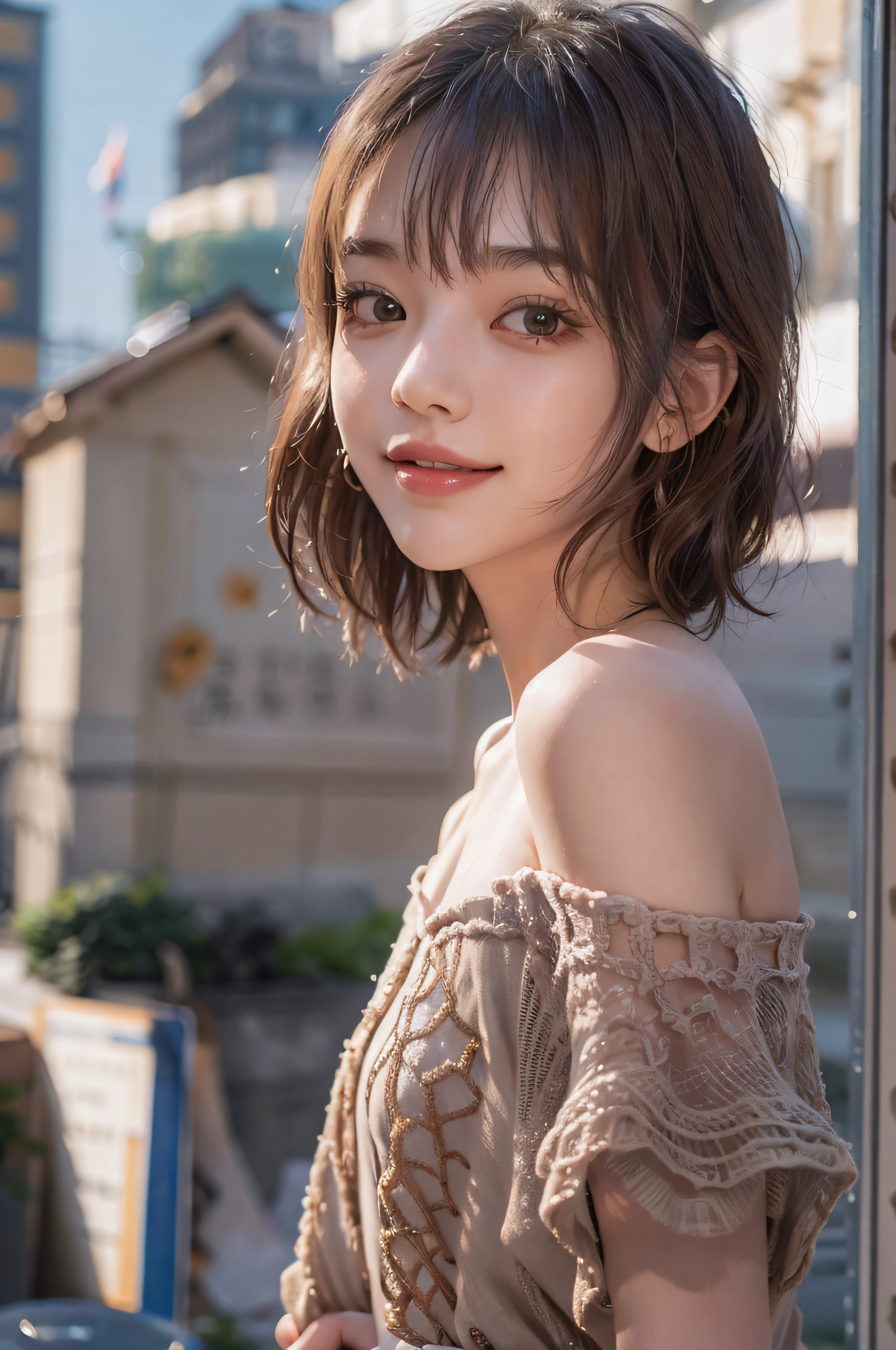 (delicate illustration:1.3)、(​masterpiece:1.0)、(top-quality:1.4)、(超A high resolution:1.2)、(Photorealsitic:1.4)、(8K、Raw photography:1.2)、(foco nítido:1.3)、fullllbody、(23years old:1.4)、(((One girl wearing a detailed off-shoulder knitted dress)))、((Girl with short bob hair))、(Brightly colored clothing)、(Fashionable patterned clothes)、(((urban backdrop)))、((Brown contacts white skin))、鎖骨、hugetits、(Happy smiling face)、landscapes、bangss:1.2、beatiful detailed eyes、(sface focus)、 When you look into the camera、Slimed、Slender West、Thin leg、(cute little)、(Beautiful fece)、showing the view from above、pureerosface_v1、ulzzang -6500-v1.1