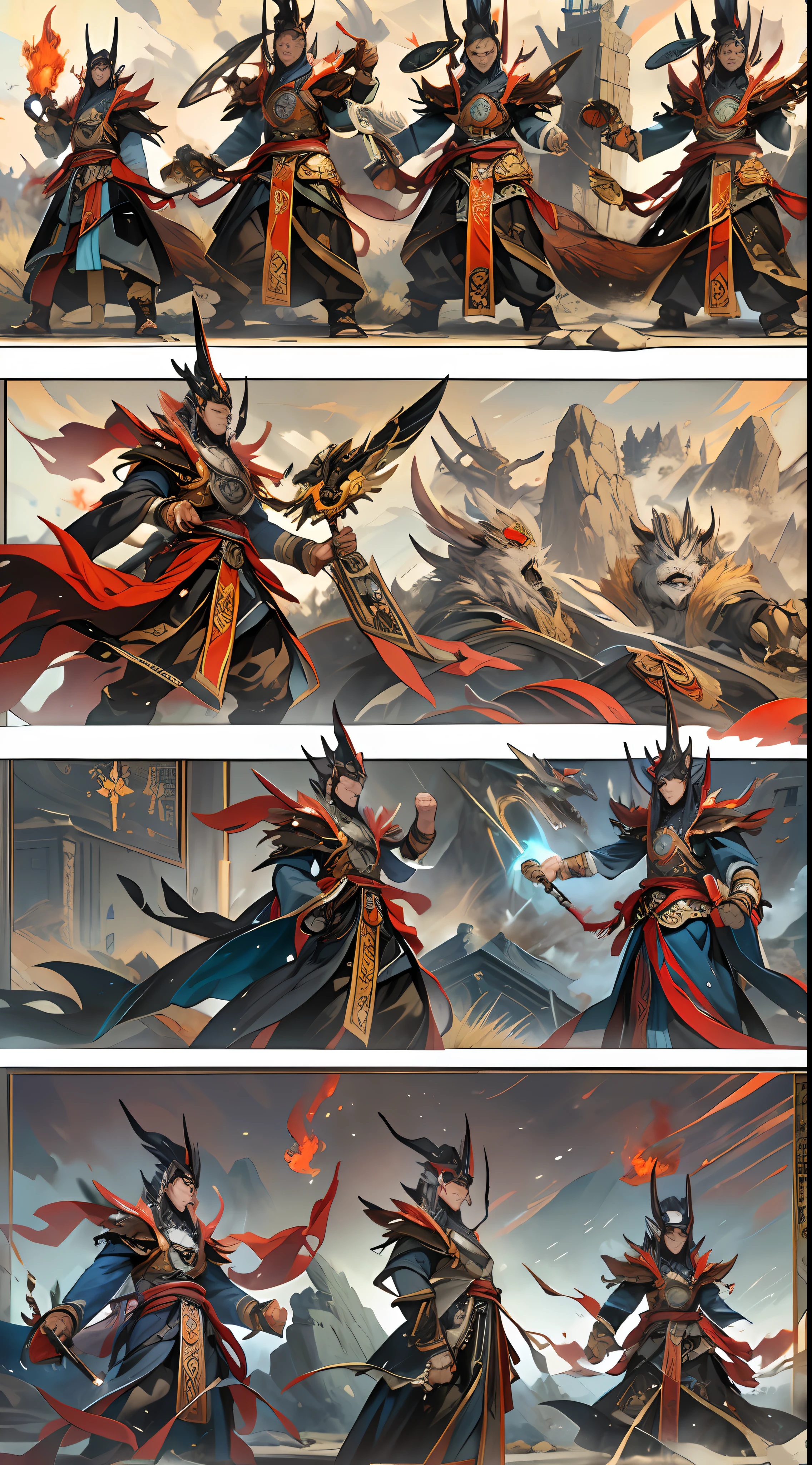 Li Gu exudes an aura of victory, having successfully defeated the invaders. However, there is still a significant gap in strength between them and Li Gu, and the Divine Beast Alliance and the Demon God Alliance have no intention of letting them go, , 32k, best quality, masterpiece, super detail, high details,
