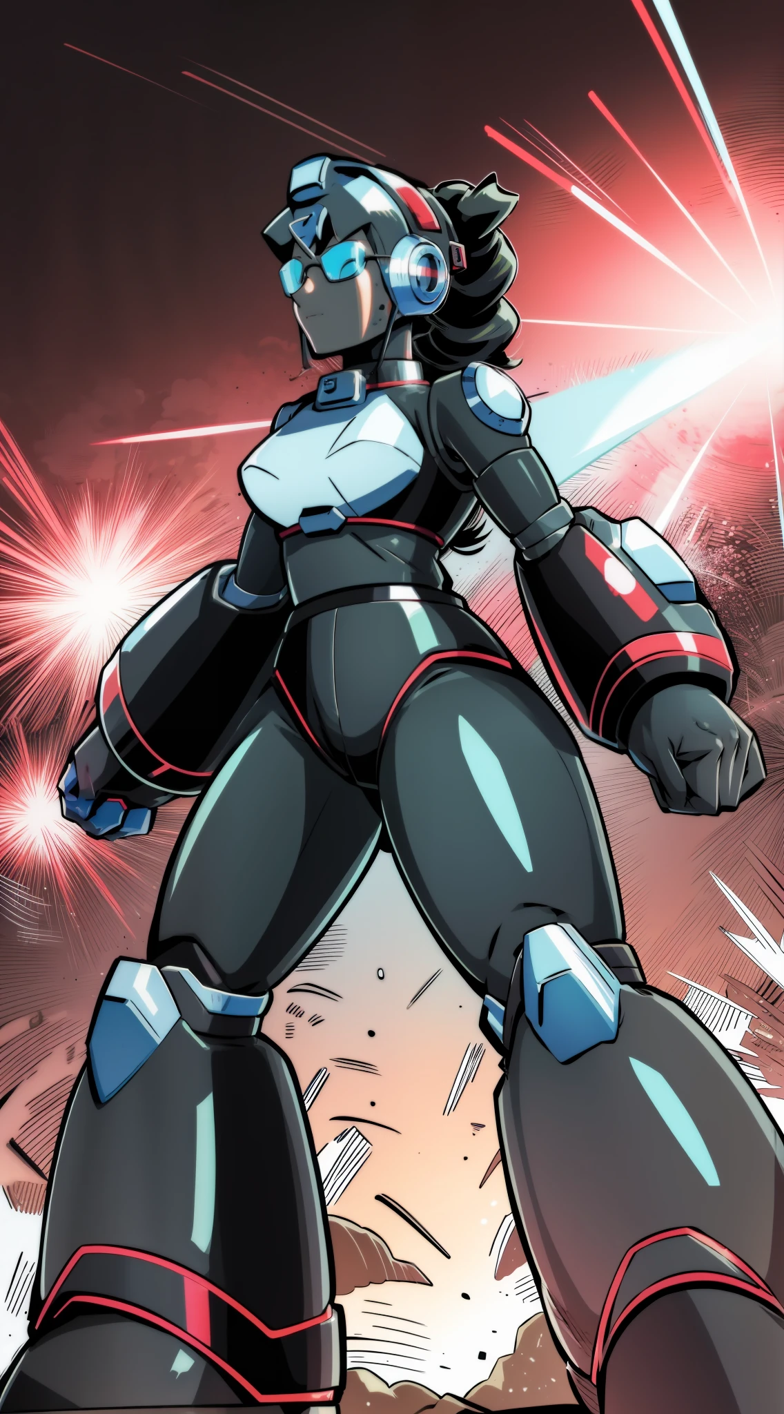 1Girl, Heavily armored, cybernetic heavy glasses/cyber visor covering eyes, gloves, skirt, heavy cybernetic boots, heavy cybernetic arms, heavy cybernetic torso, waist belt, Visor Glasses, megamanX heavy armor, long black pony tail, aviator goggles on forehead, heavy thick black hair, metallic skirt, black sleeveless jacket, red armor with white trim