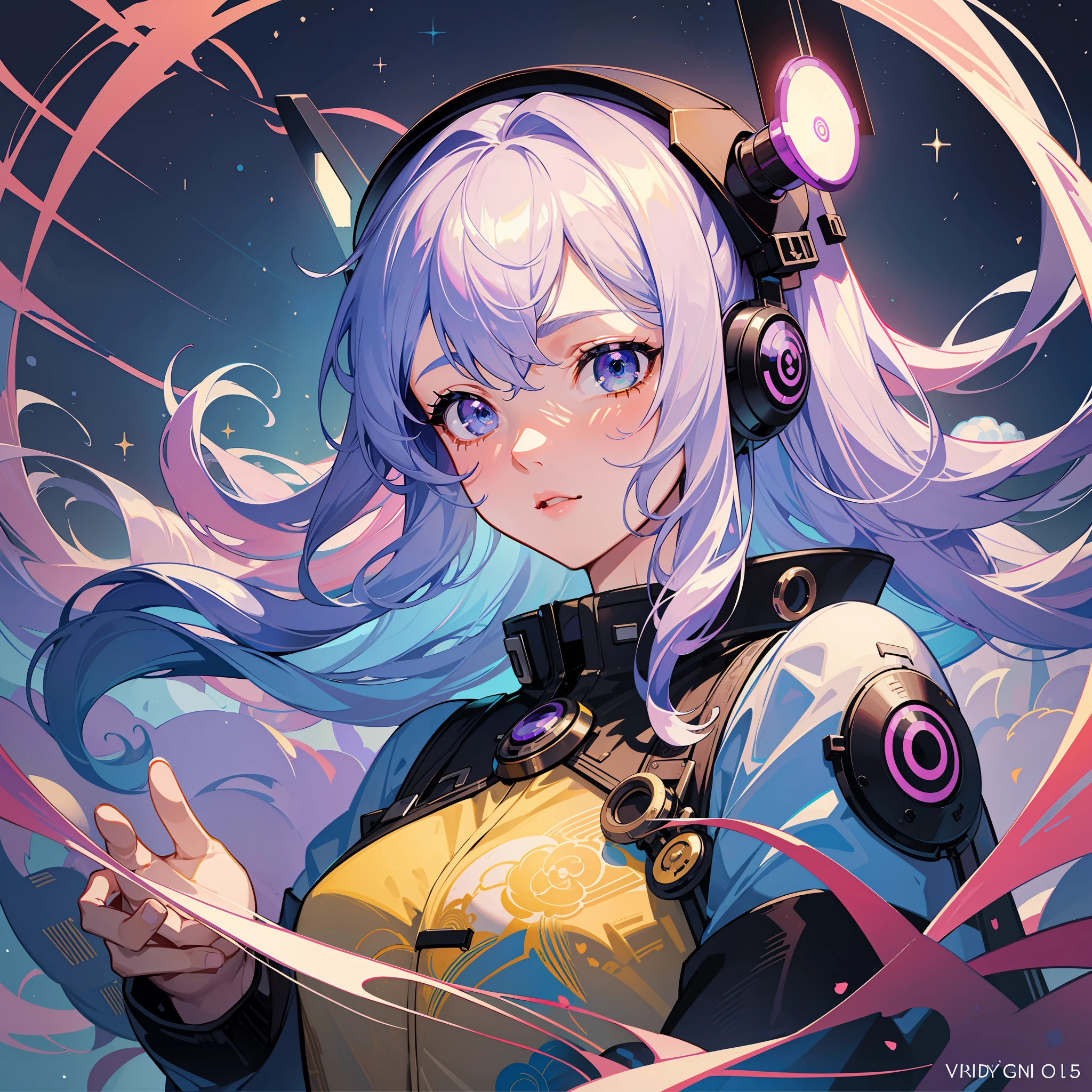 （（tmasterpiece））， （（ultra - detailed））， （（best qualtiy））， 美丽细致的眼睛， Detailed face， The best lighting， The best shades， 1 rapariga，独奏， （（cyber punk style， edge lit， machine arm，Hologram aura，Surreal Science Fiction Art，Future Science Fiction Aesthetics，Flat 2D style））， （（The main colors are purple and green））， Huge light bulb， （Girl inside the screen：1.5），Mobile Paradise，Orange bulb，A world made up of mobile phones，Gamepad，laptop，VR glasses，Virtual screen， freckle， Cold nose， （（（Buble）））， illustration，japanese inspired， （highly  detailed）， Whirlpool effect，Pale yellow long dress，Fluffy curls，Blue-purple hair，