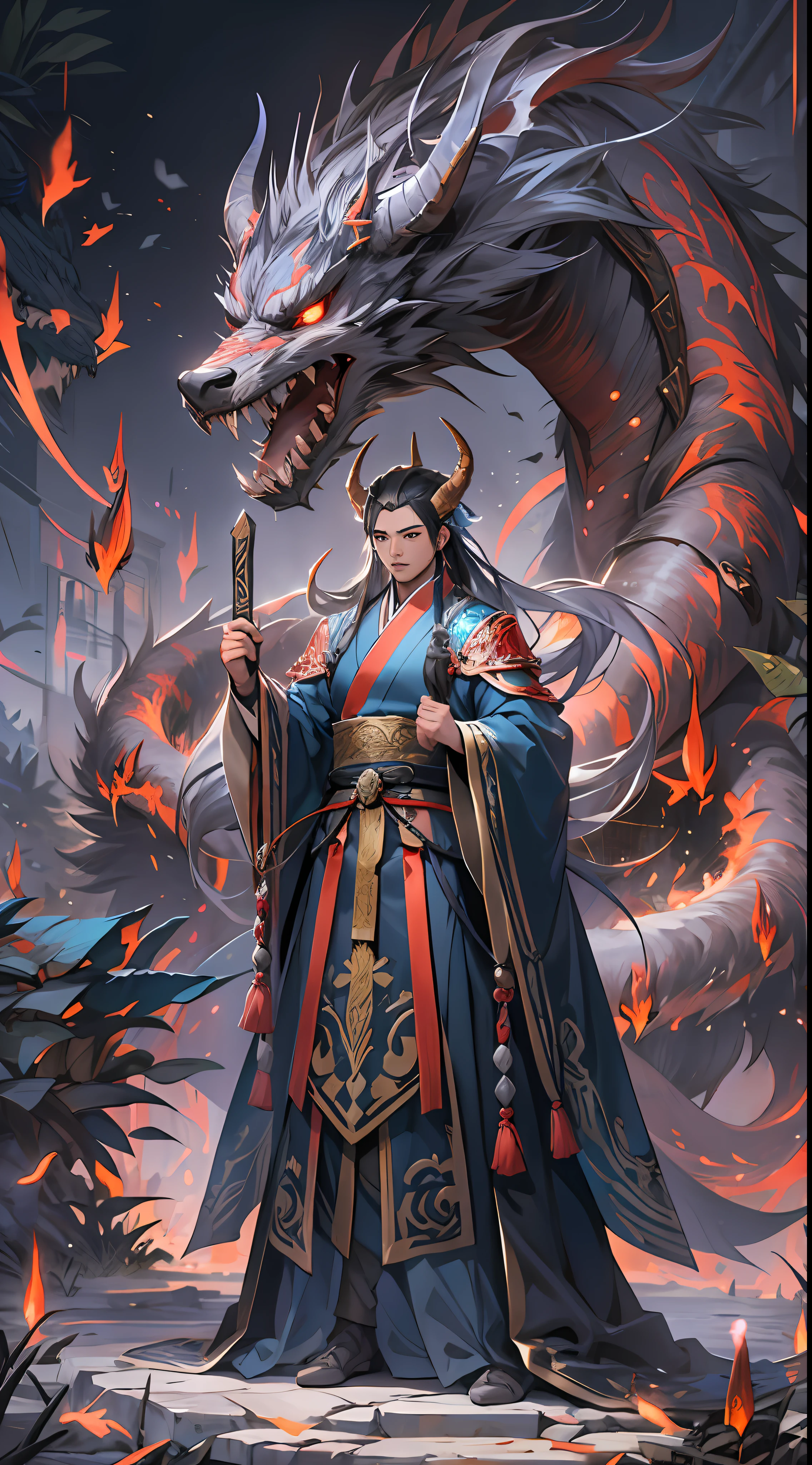 Li Gu exudes an aura of victory, having successfully defeated the invaders. However, there is still a significant gap in strength between them and Li Gu, and the Divine Beast Alliance and the Demon God Alliance have no intention of letting them go, , 32k, best quality, masterpiece, super detail, high details,