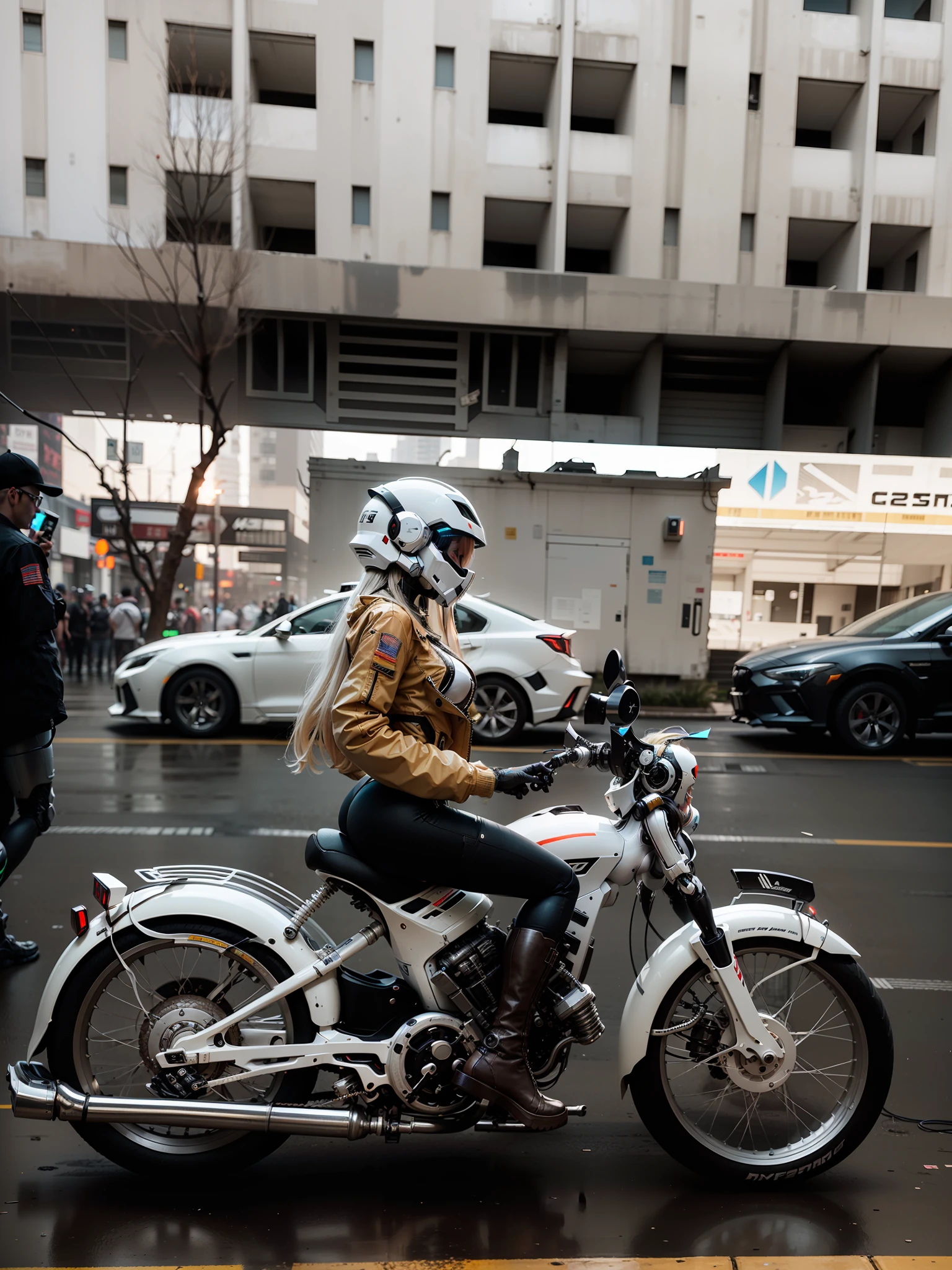  Cyber Warrior，Long flowing blonde hair，White cyberpunk high-tech mech costume，White cyberpunk faceless helmet，Biomechanicals， MSHN Robot Woman，High-tech helmet，hyper realisitc， Steel， Complex design， insanely details， finely detailled， Extremely clear lines， cinmatic lighting， photograph realistic， A detailed masterpiece