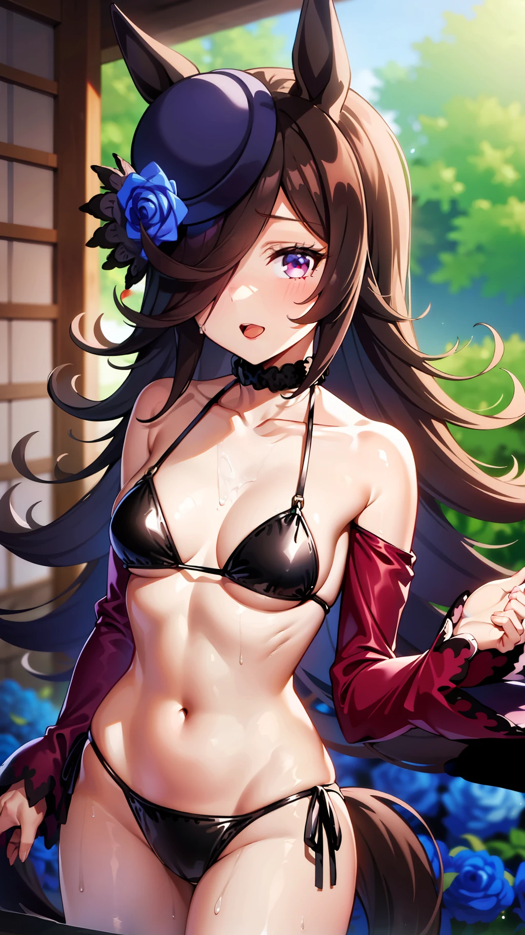 an anime young girl has long dark hair and her body is partially in shadow, 1girl, rice shower (umamusume), horse ears, solo, animal ears, swimsuit, hair over one eye, bikini, horse tail, horse girl, tail, long hair, navel, blush, hat, flower, outdoors, small breasts, breasts, collarbone, looking at viewer, side-tie bikini bottom, blue flower, black bikini,rice shower \(umamusume\)