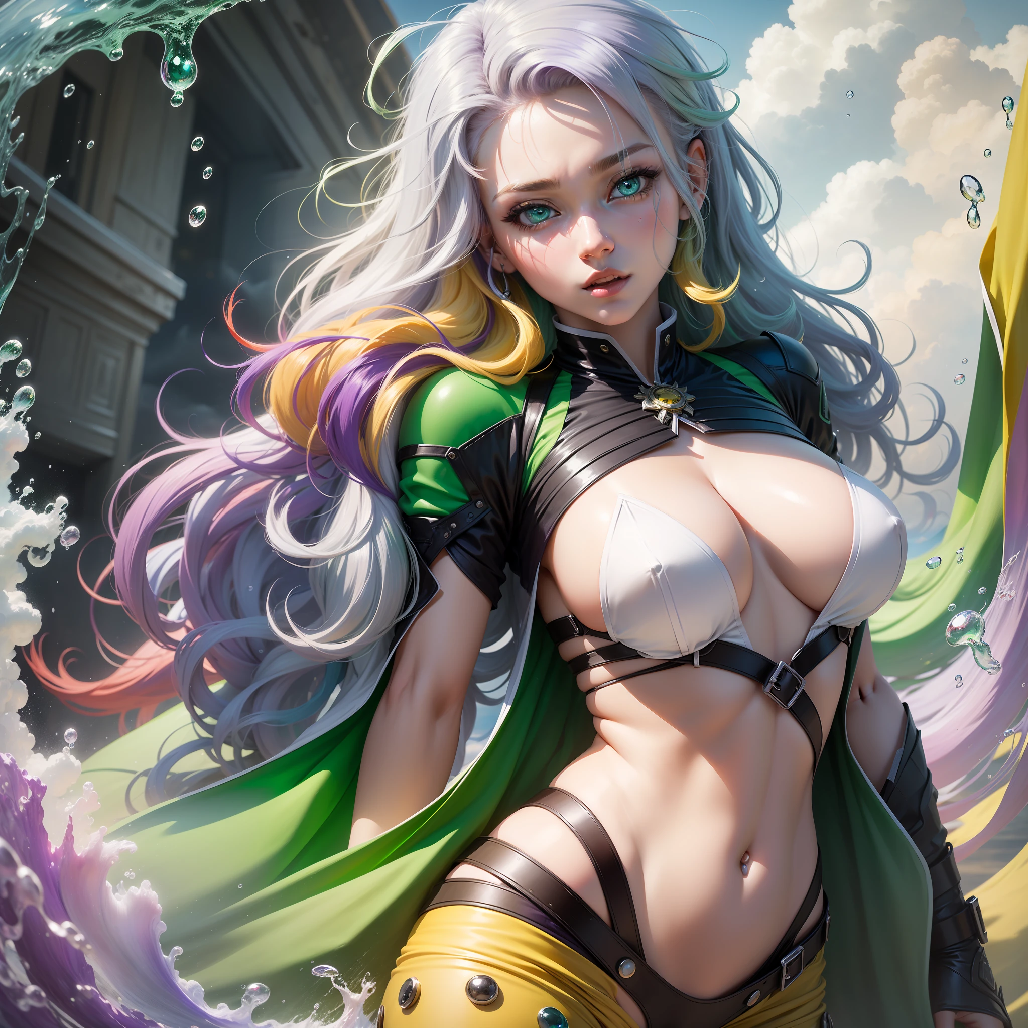 (Masterpiece of the highest quality)、Super detailed and beautiful CG、kosmos、cyberpunked、skyscraper、Planktonic、hight resolution、on clouds、Powerful angles、Dynamic poses、1人、blue eyess、(multicolored hair+Silvery hair:1.3+red hairs:1.2+purple color hair+yellow hair:1.3+green colored hair:1.3)、White martial arts costume、choker necklace、Sensual look、Too many water droplets、clouds、dim light、wide Shots、aquarelle。