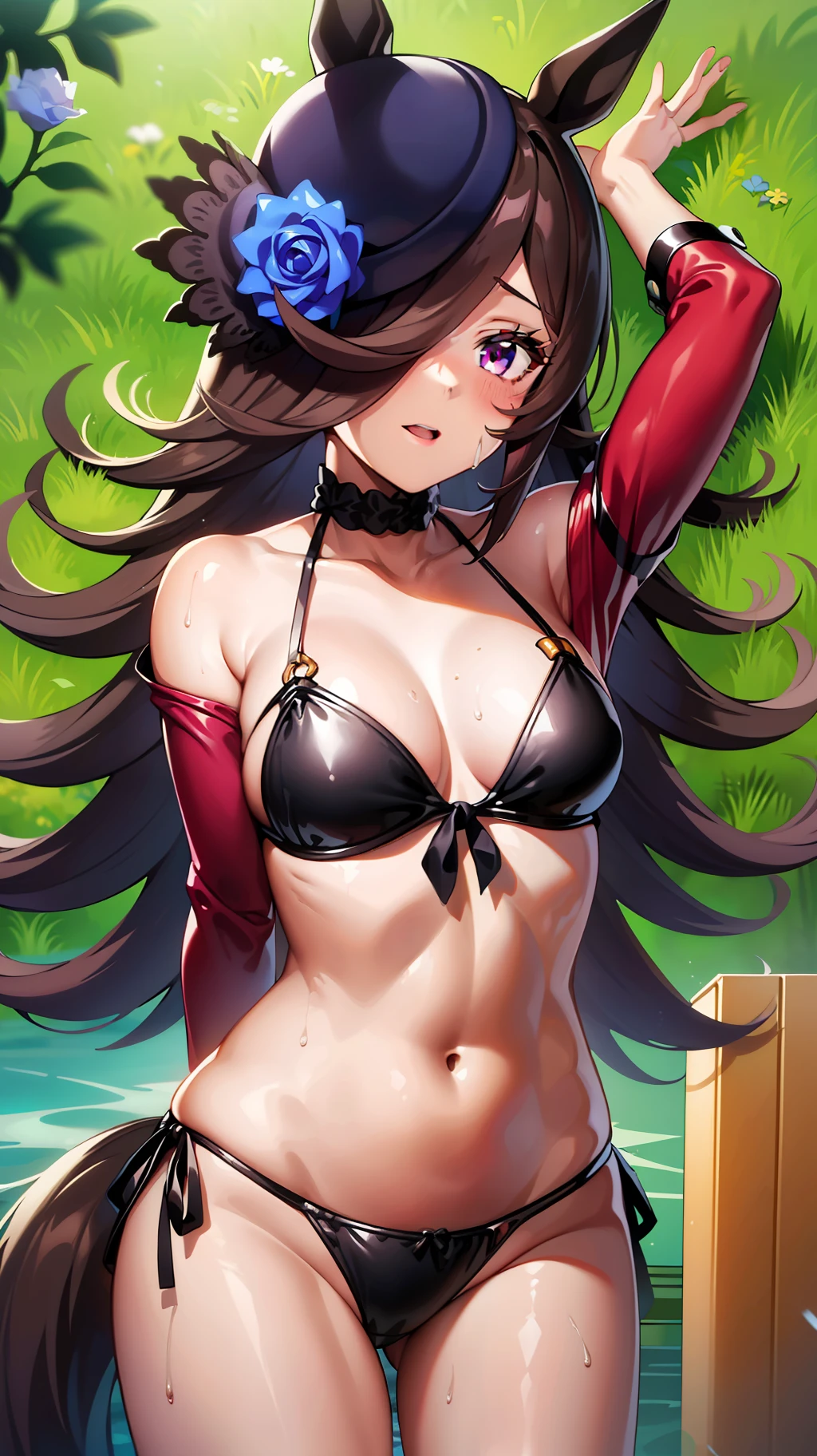 an anime young girl has long dark hair and her body is partially in shadow, 1girl, rice shower (umamusume), horse ears, solo, animal ears, swimsuit, hair over one eye, bikini, horse tail, horse girl, tail, long hair, navel, blush, hat, flower, outdoors, small breasts, breasts, collarbone, looking at viewer, side-tie bikini bottom, blue flower, black bikini,rice shower \(umamusume\)