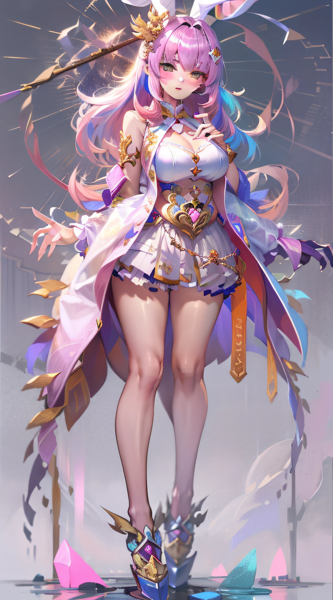 (((Masterpiece))), (best qualighy, best resolution:1.2), beautiful anatomy, mature girl, perfect body, very delicate, super gorgeous composition, ((perfectly drawn eyes)), very beautiful hair, high ponytail, pink hair ornament, multicolored hair, absurderes, glowing eyes:1.2, reverse bunny outfit:1.11, clothes under clothes, full body, pigeon-toed, holding magical girl stick, unique art, most beautiful art, ((ultra detailed)), beautiful details, ((nice drawn hands and fingers)), (most beautiful legs), depth in field, cinematic lightining, colorful, intricate, mesmerizing, ((holographic)), ((perfectly drawn hands and fingers)), ((perfectly drawn legs)), beautiful long dragon, highly detailed
preparing
