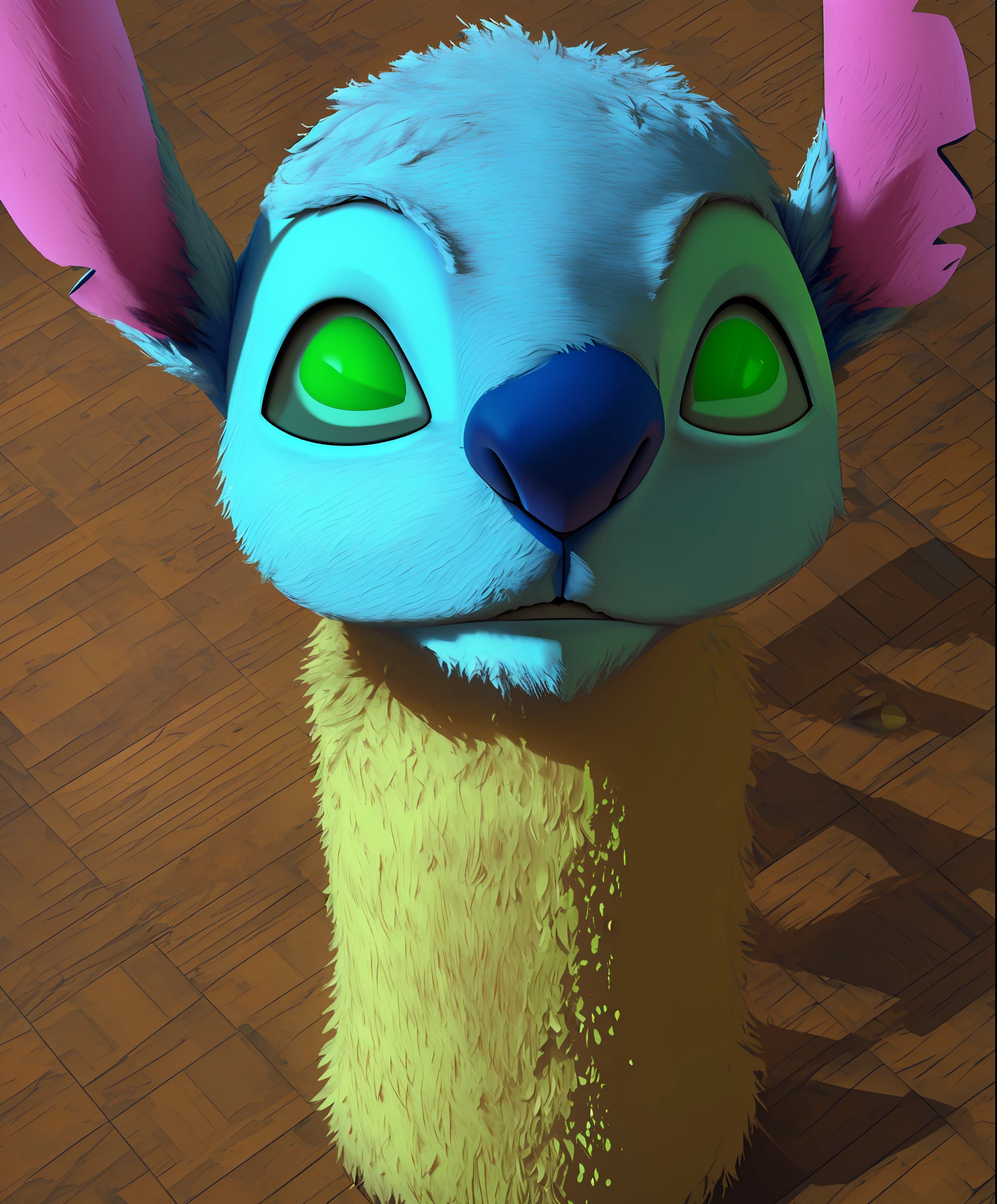 3d render, hq, stitchdisney, cute, chibi, solo, biped   (alien:1.3),high res, (detailed realistic image:1.4), (detailed eyes, beautiful expressive eyes, green eyes:1.2), impasto impressionism, insane details, soft, (hyper realistic fur:1.3), (detailed fur:1.2), (fur covered body:1.2), (male:1), (canine features:0.5), (expressive face, detailed face:1.3), (realistic:1.3), (photorealistic, photo-realistic:1.2), full color, (3d:1), (highly detailed:1.2), masterpiece, 8k uhd, cinematic lighting, (full-length portrait:1.3), (slightly chubby:0.8), blue fur, markings