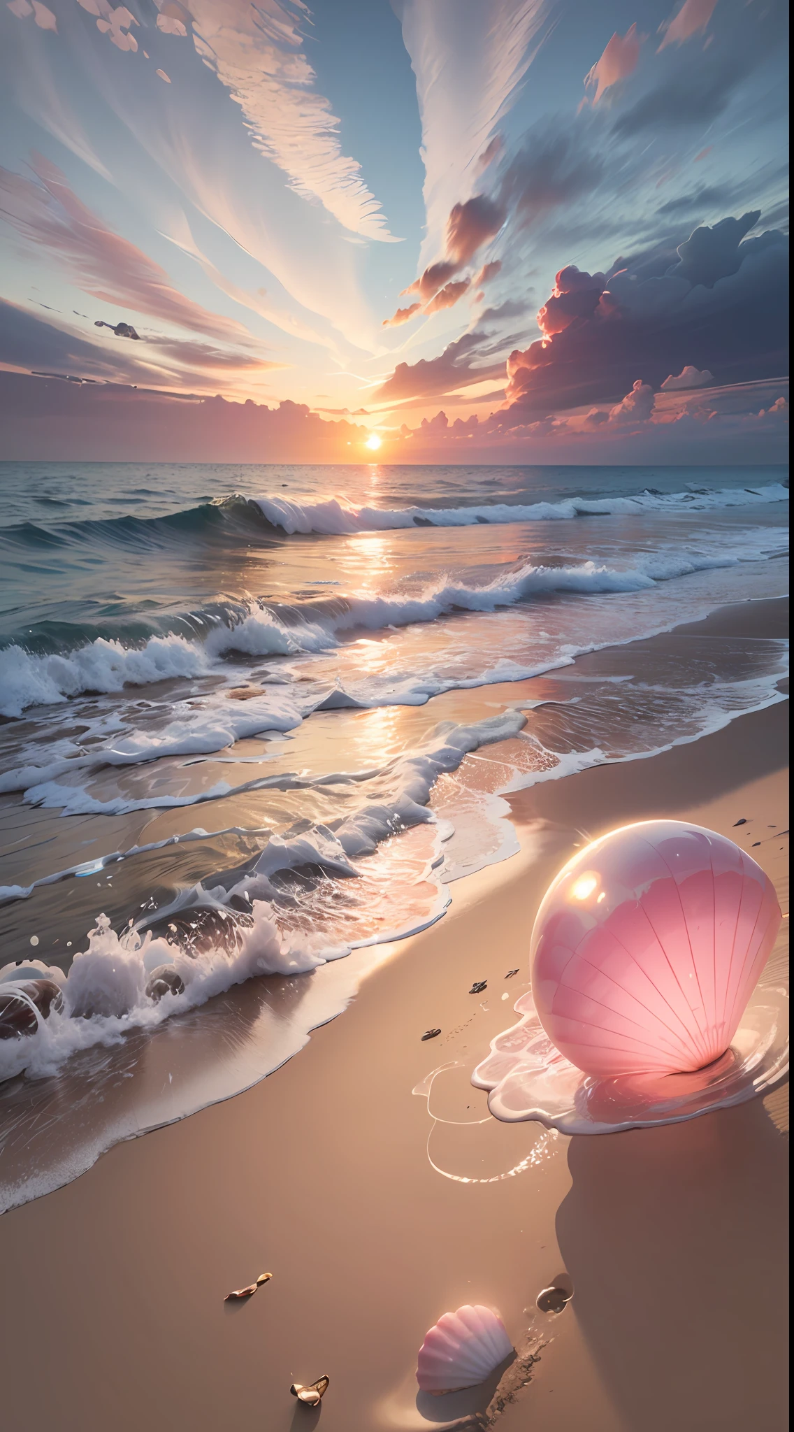 (8K, Raw photo, Best Quality, masutepiece: 1.2), (Realistic, Realistic: 1.37) There are many pink shells on the beach, there is water, pearls, pearls and shells, soft spills, Pearlization, pink jellyfish everywhere, soft 3D rendering, ethereal bubbles, bubble landscape, Iray shader, Soft pink, pink reflections, pearl sky, shells, paradise pink, Pastel colors, pink pastels
