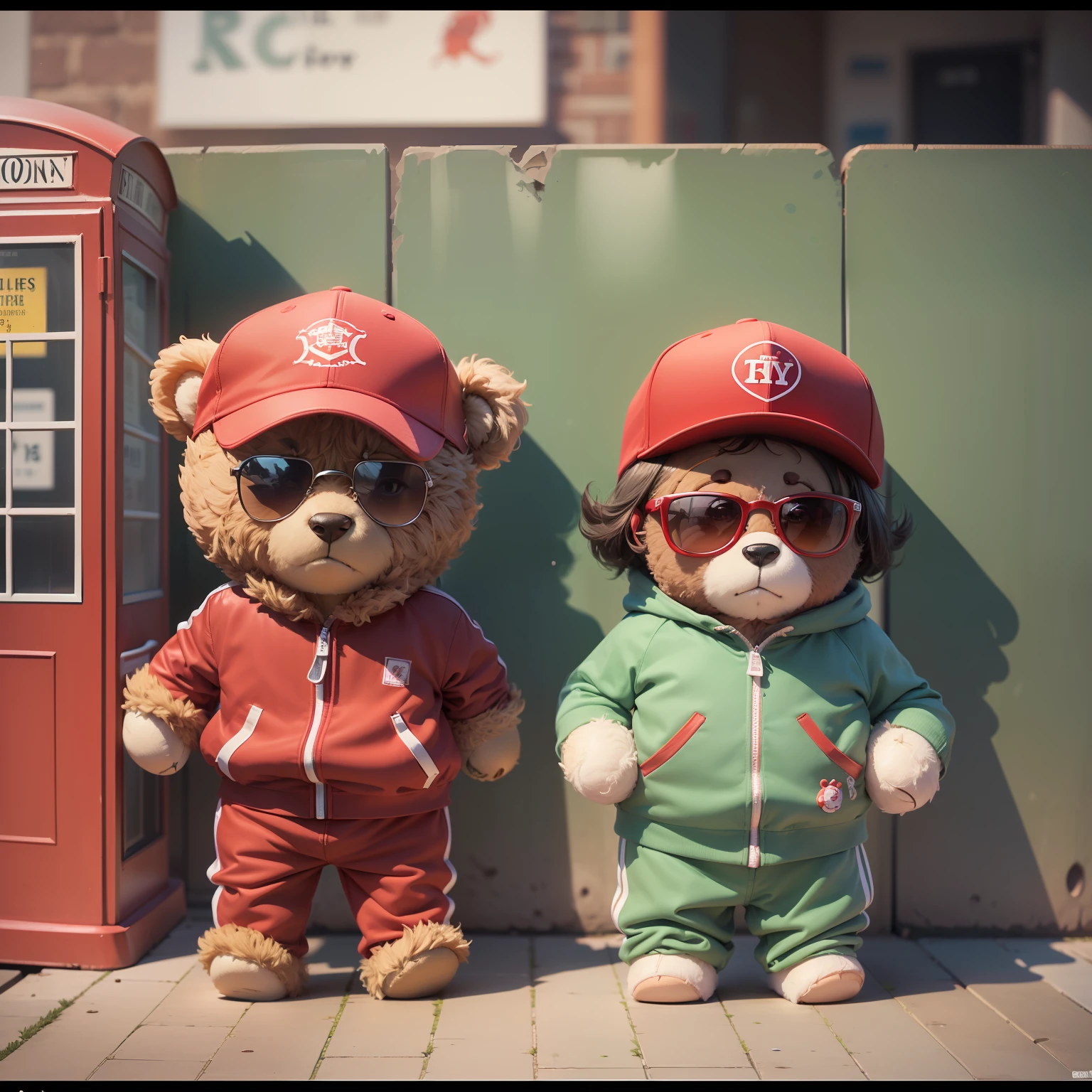 (Two teddy bears), (estilo dos desenhos animados), (segurando taco de beiseball) (Usando Uiforme de Beiseball) (roupas de rapper), (wearing sunglasses), (wearing plain red cap), (Segurando equipamentos de beisebol), (Inside the red phone booth), (Funny), (fundo branco)