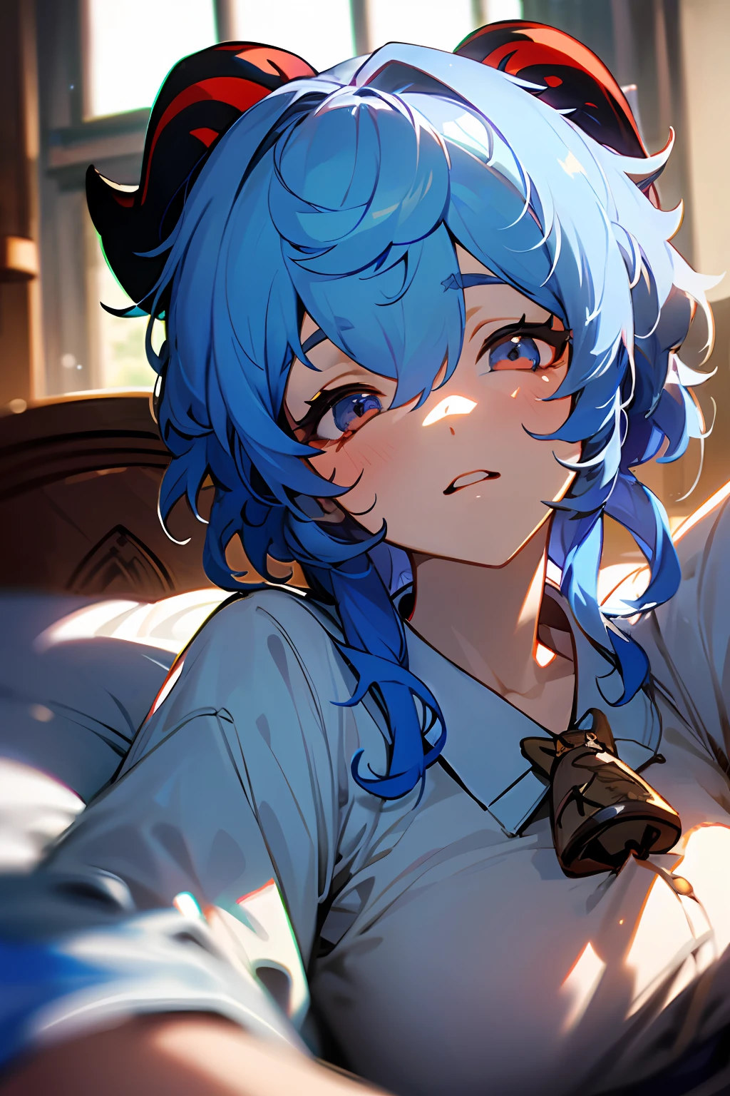 masterpiece, best quality, 4k, ultra detailed, finely detailed face and eyes, cinematic lighting, sunlight through window, viewer on top,
 ganyu \(genshin impact\), blue hair, pajamas, ((dark circles around eyes)), a sleepy girl yawn from bed in bedroom, clock,