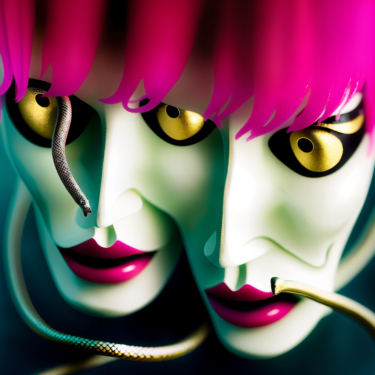 Jellyfish, pink snake hair, reddish white eyes, ultra-detailed sea surface, skulls in the reflection of her eyes, background of white stone statues of muscular and mature men, expression of anger and hatred, symbol of the feminine in the center, well-structured female body, golden jewels all over her body