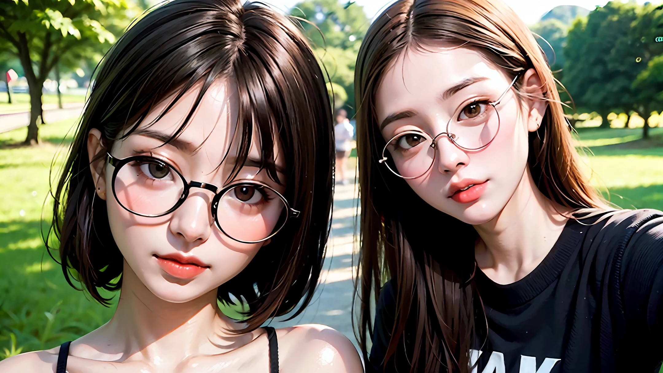 There is a woman with glasses posing for a photo in the park, wearing glasses, 8k selfie, square frame glasses, wearing small round frame glasses, wearing thin large round frame glasses, chinese girl, wearing glasses, portrait photo avatar, cute, park, tre...